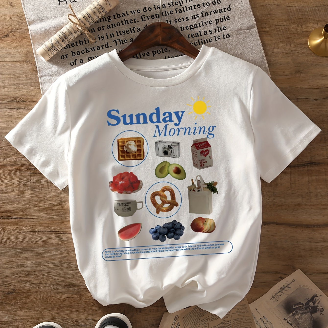 

Sunday Print T-shirt, Short Sleeve Crew Neck Casual Top For Summer & Spring, Women's Clothing