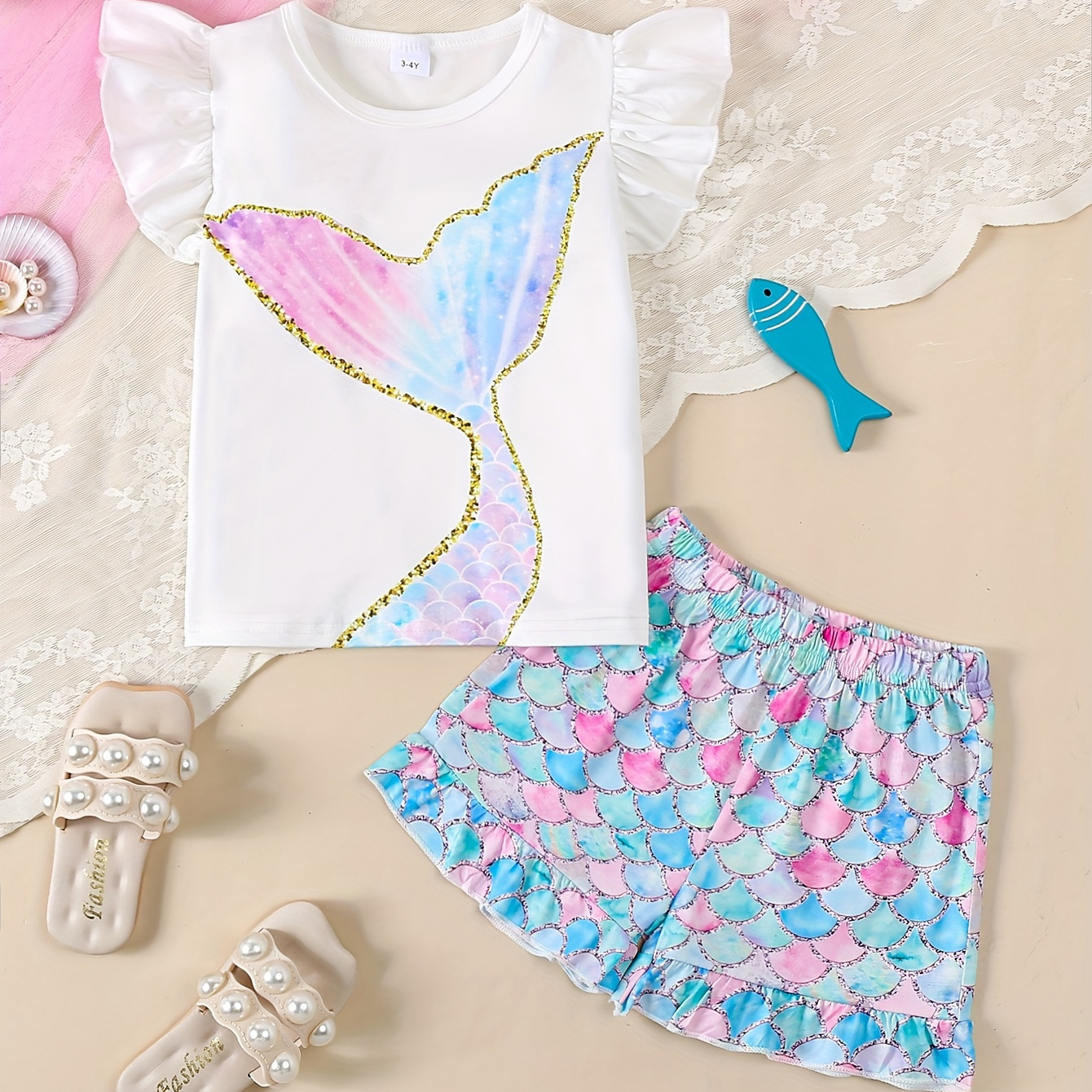 

Summer Outfits Girl's Mermaid Fish Tail Print Frill Sleeve Top + Fish Scales Shorts Set Holiday Casual Going Out 2pcs Clothes