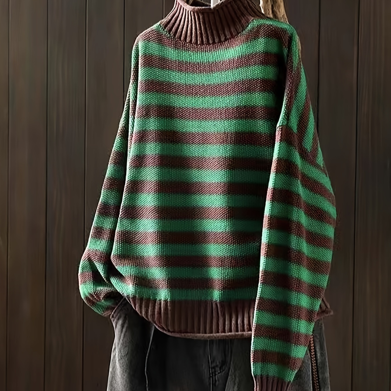 

Vintage Striped High Neck Pullover Sweater For Women, Polyester 95% Spandex 5%, Knit Fabric, Loose Fit Long Sleeve Top For Spring/fall