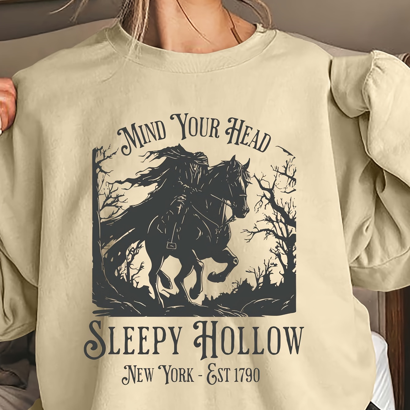 

Hollow Horseman Graphic Sweatshirt - 100% Polyester Crew Neck Casual Pullover For Women - Fall/winter Cartoon Knit Fabric Top