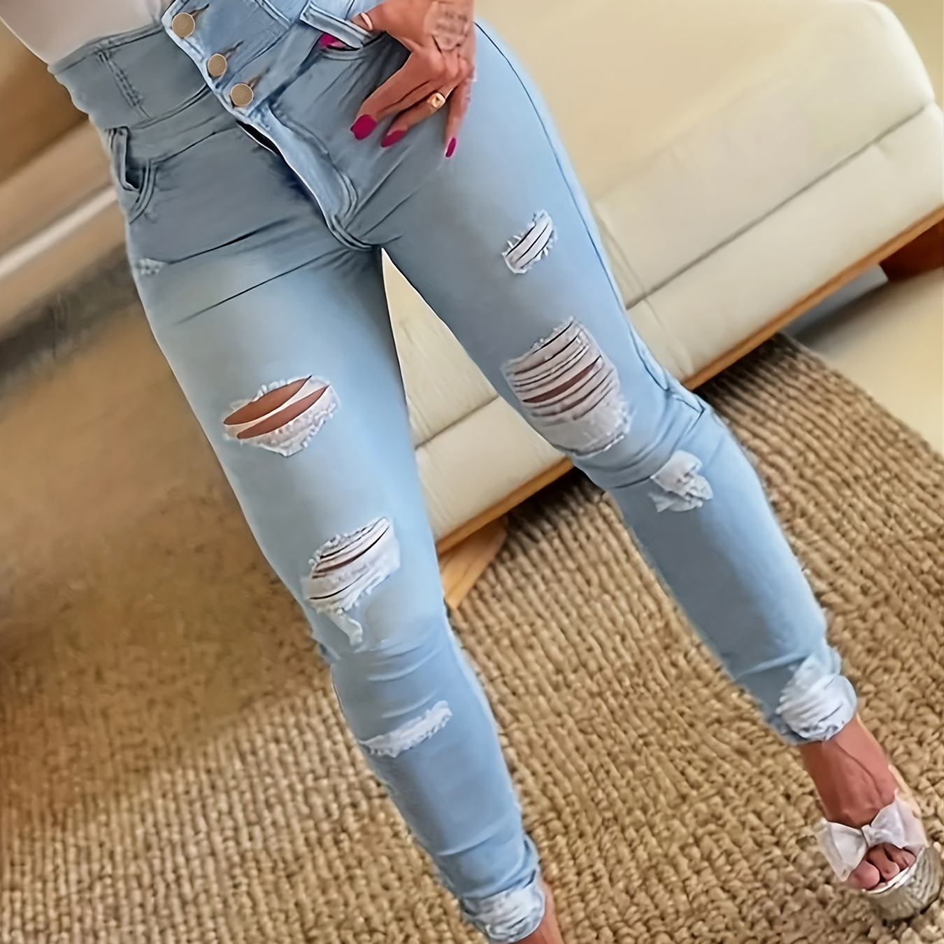 

Ripped Holes Casual Skinny Jeans, Slash Pockets Distressed Single-breasted Button High Waist Denim Pants, Women's Denim Jeans & Clothing