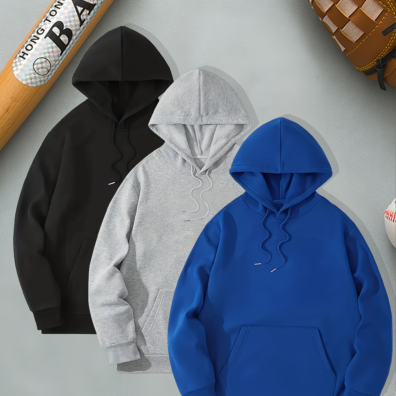 

3pcs Hoodies Set For Men, Men's Casual Solid Basic Hooded Sweatshirt Streetwear For Winter Fall, As Gifts