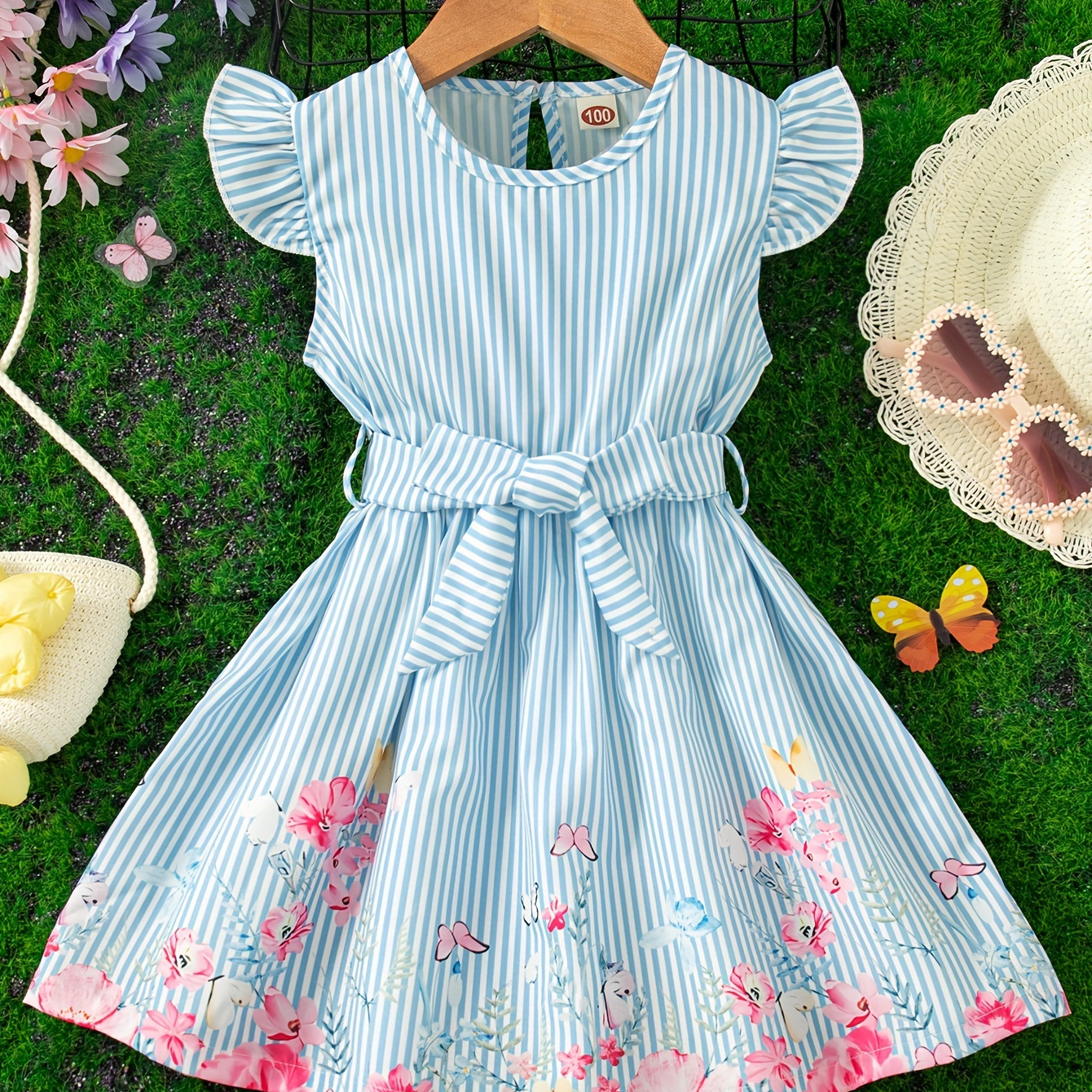 

Trendy Girls Flora Graphic Flutter Trim Dress With Bow Belt Summer Clothes Gift