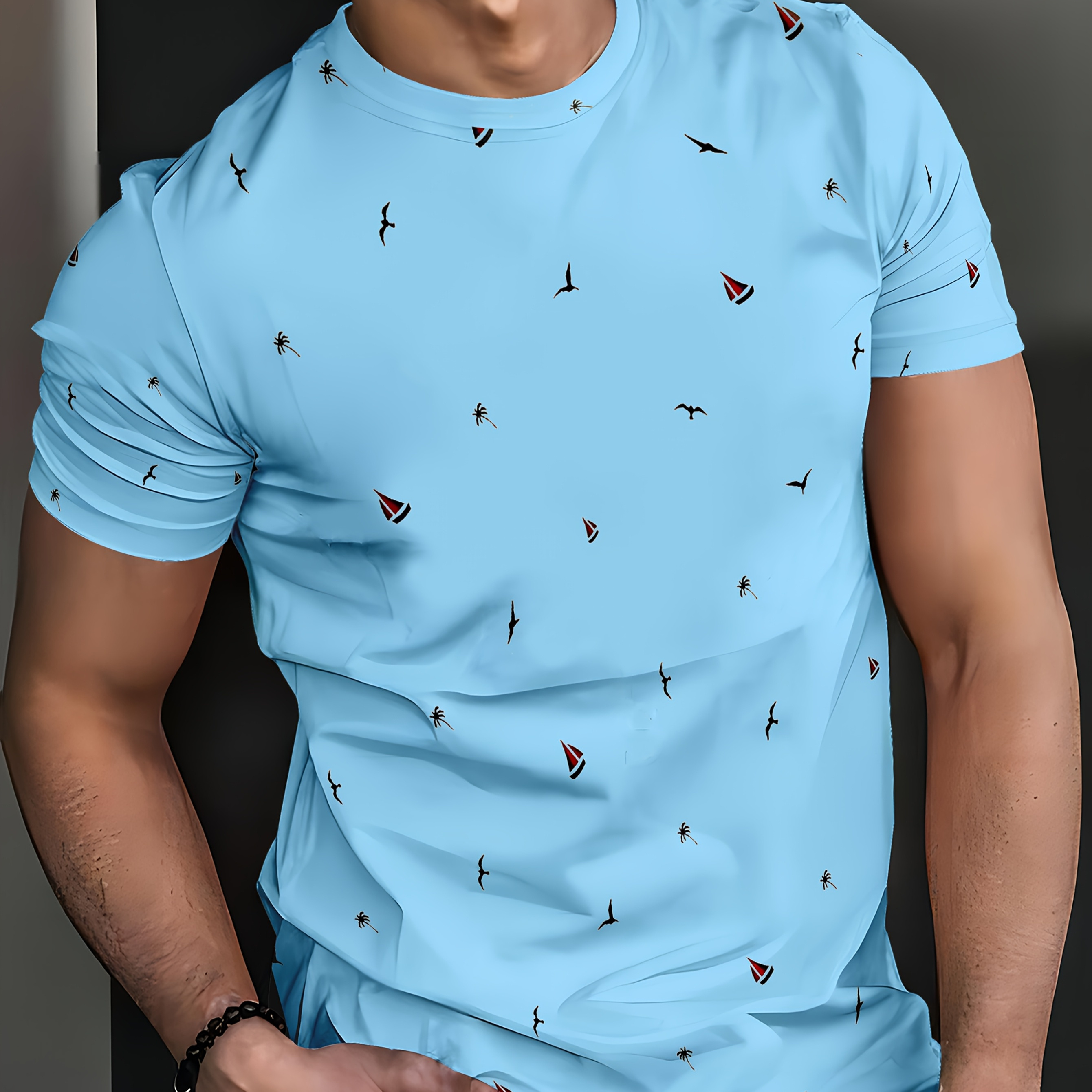 

Men's Casual Crew Neck T-shirt, 3d Dandelion Pattern, Breathable Comfortable Soft Polyester Knit Fabric, Short Sleeve Pullover With Slight Stretch, For Summer, Sports &