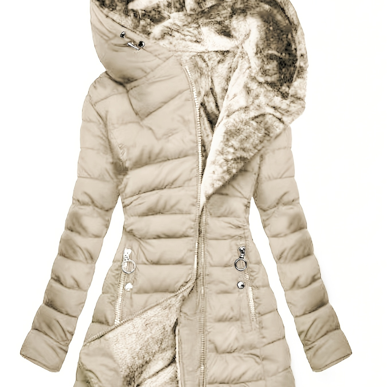 

Women's Casual Winter Coat - Quilted Jacket With Fur Trim, Long Sleeves, Zipper Closure, And Decorative Buttons, Winter Jacket