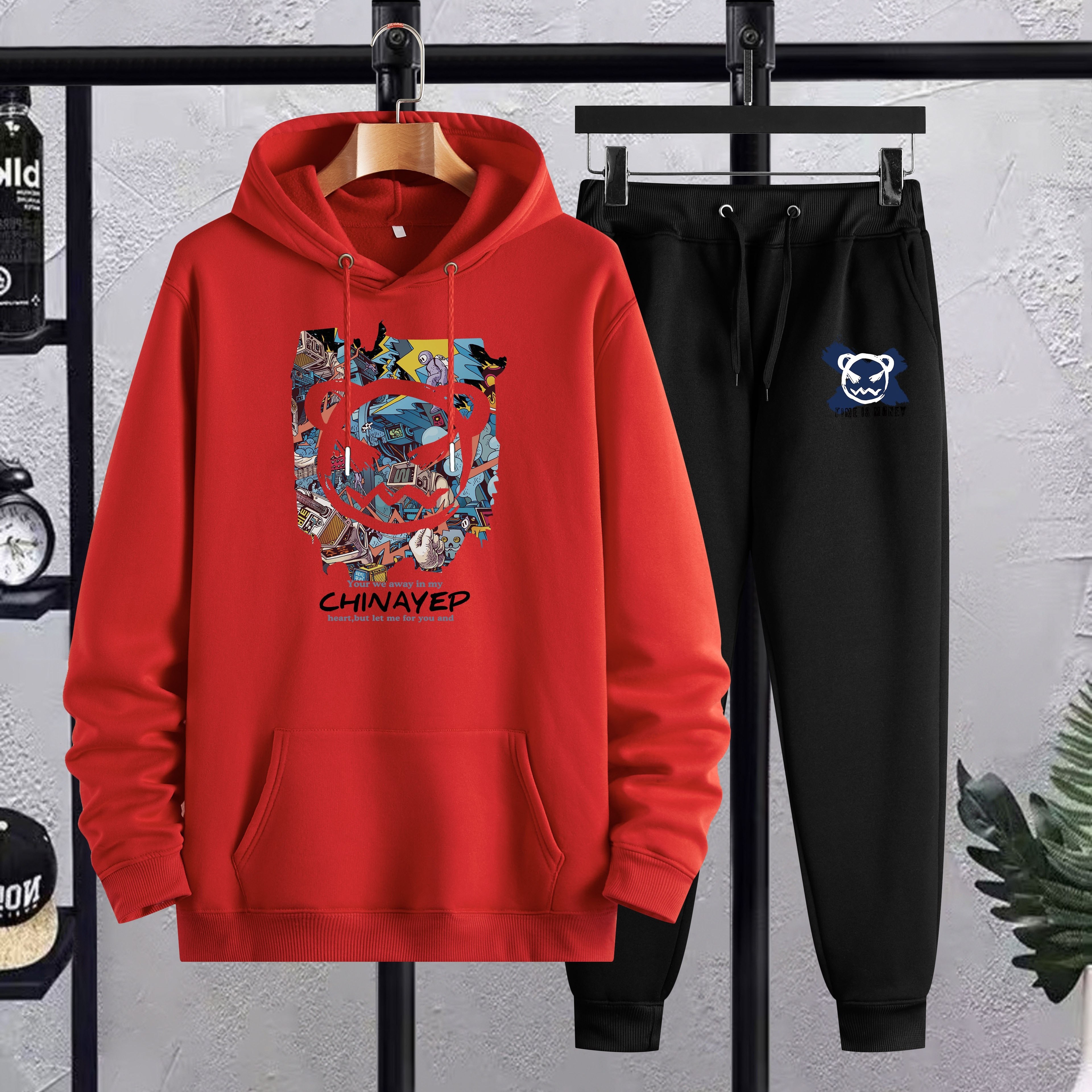 

Plus Size Men's Anime Graffiti Print Hooded Sweatshirt & Sweatpants Set For Spring Fall Winter, Men's Clothing