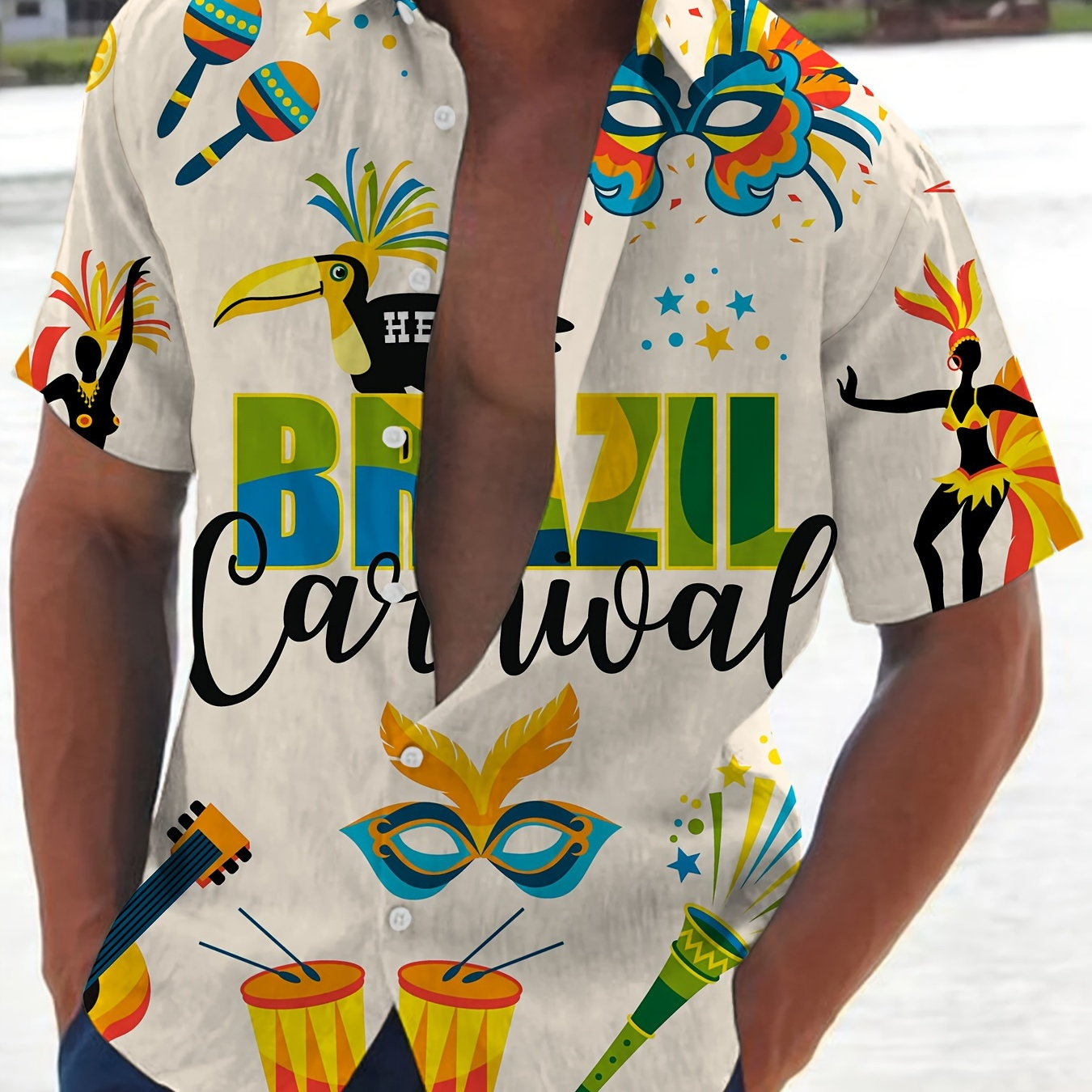

Brazil Carnival And Mask Cartoon Pattern Men's Short Sleeve Button Down Shirt, Summer Resort Vacation, Men's Leisurewear