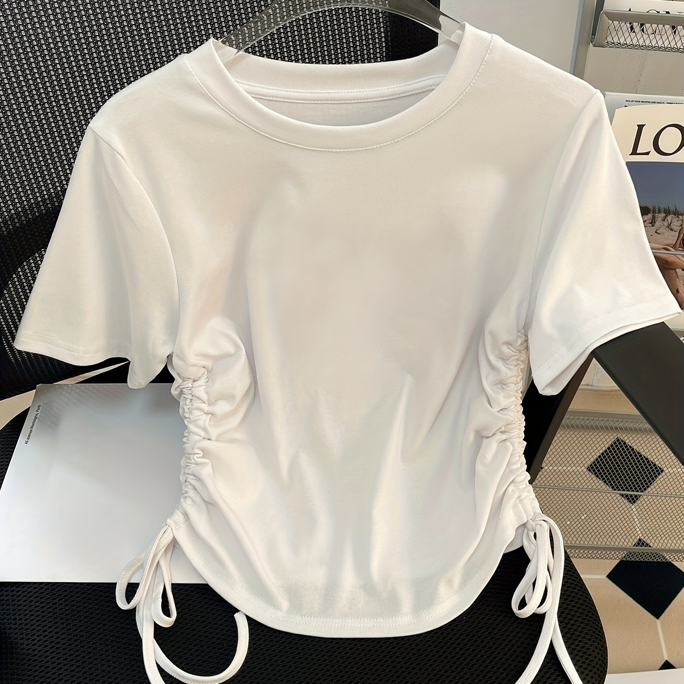 

Drawstring Crew Neck Crop T-shirt, Casual Short Sleeve T-shirt For Spring & Summer, Women's Clothing