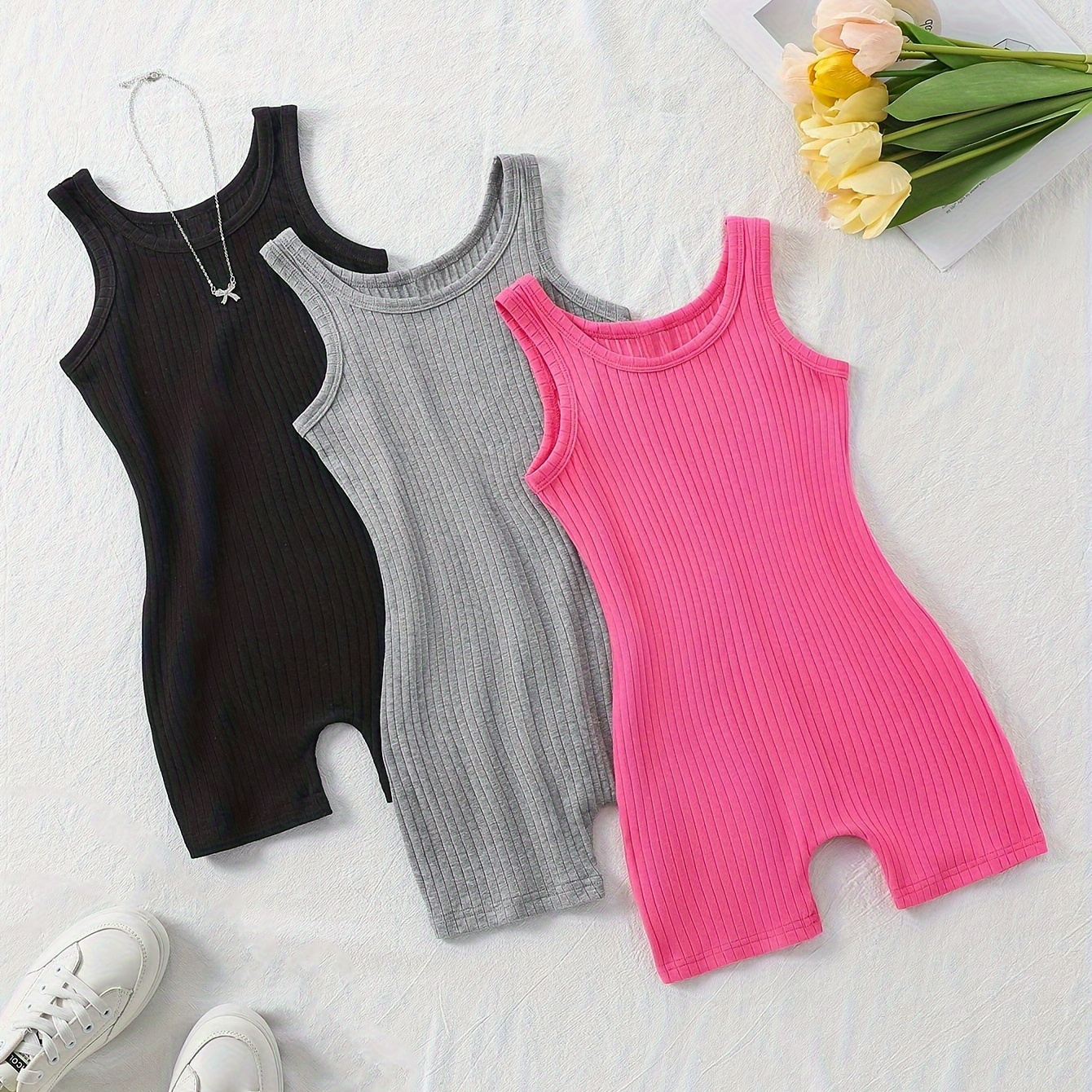 

3pcs, Solid Ribbed Sleeveless Jumpsuit Set Girls Casual Comfy Rompers For Summer