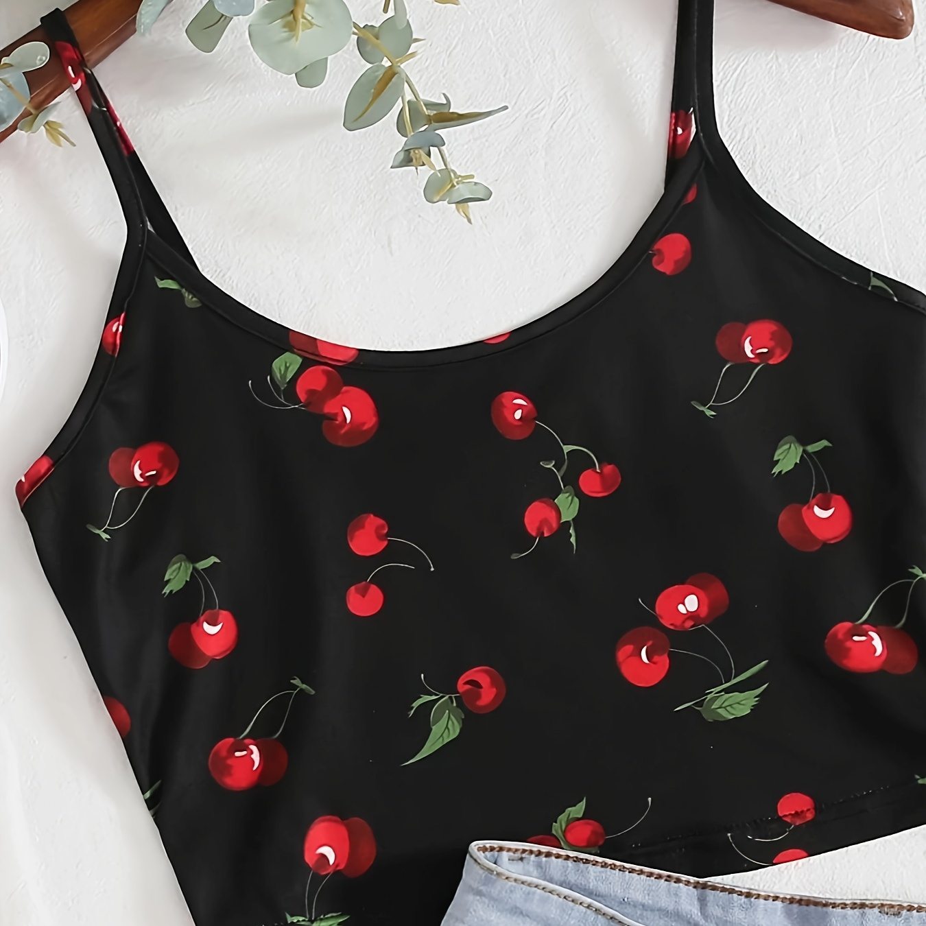 

Women's Plus Cute Lounge Top, Plus Size Cherry Print Round Neck Crop Sleepwear Camisole