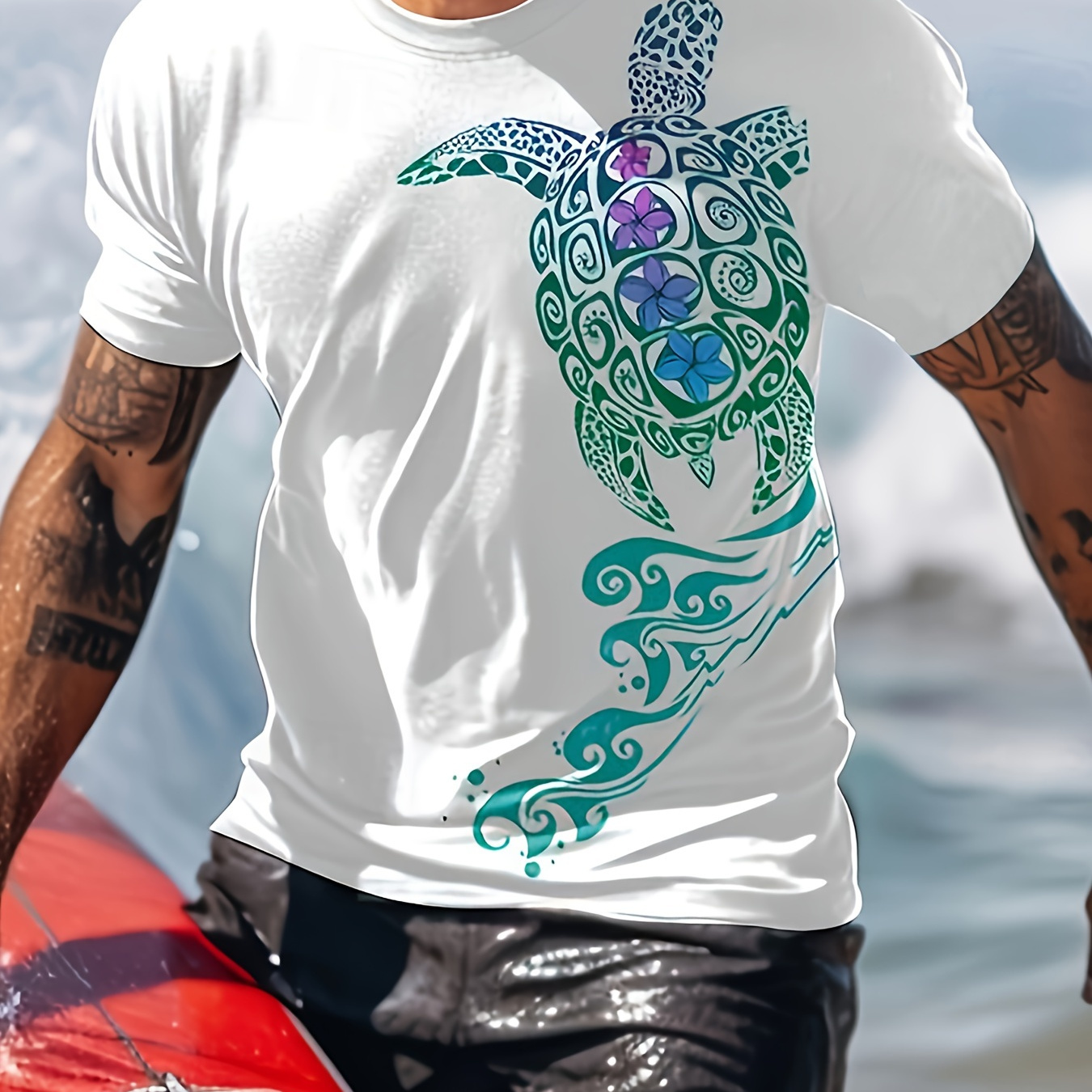 

Men's Ethnic Style Sea Turtle Pattern Print Crew Neck And Short Sleeve T-shirt For Summer Leisurewear And Vacation, Chic And Trendy Hawaiian Style Tops For Men