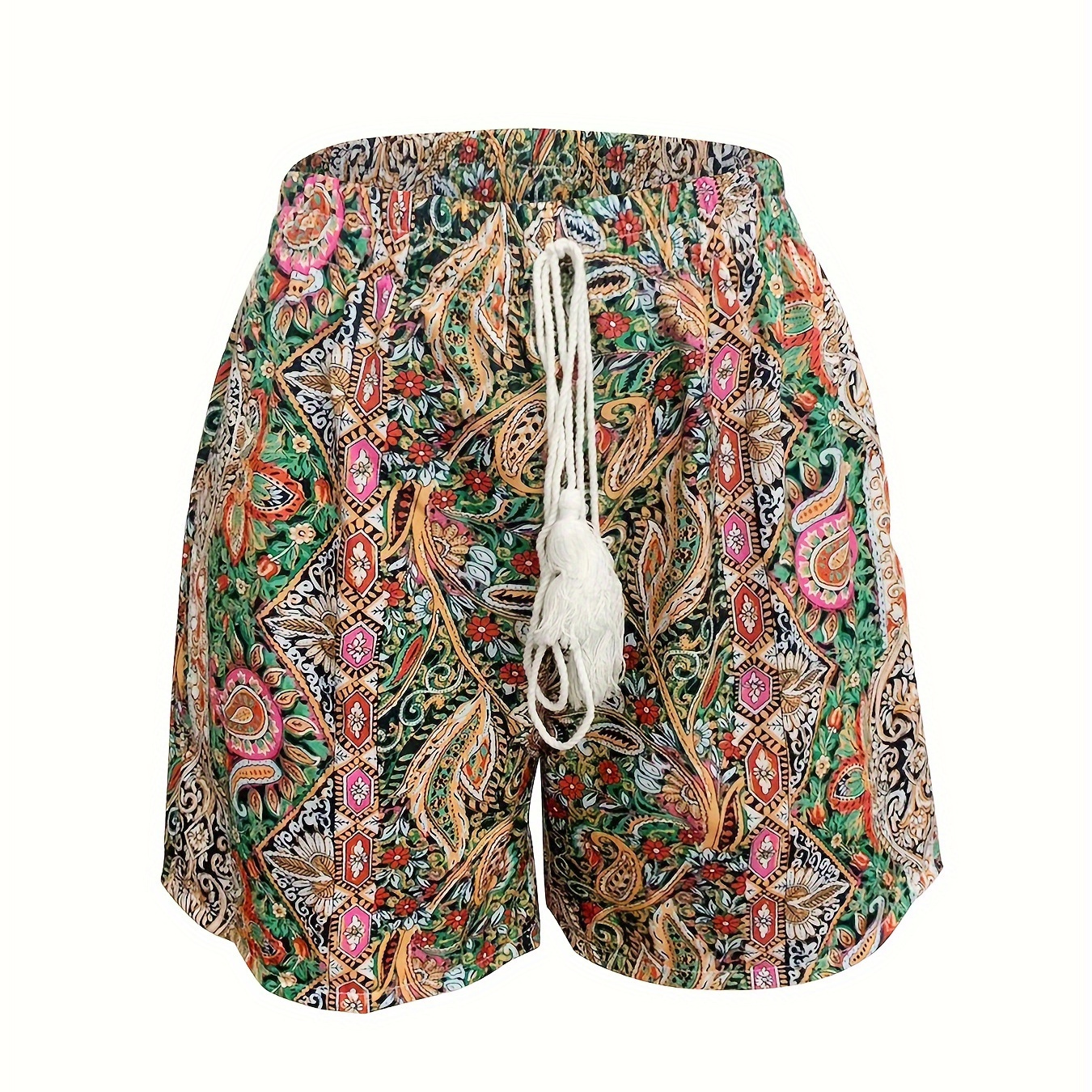 

Tribal Print High Waist Loose Shorts, Vacation Elastic Waist Tassel Tied Shorts For Spring & Summer, Women's Clothing