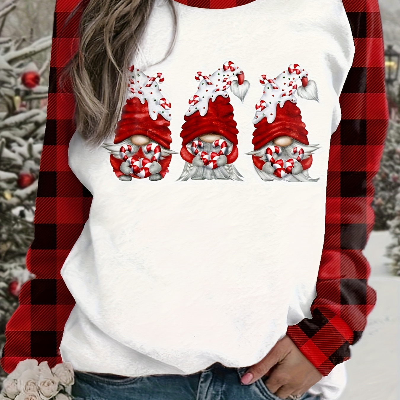 

Plaid & Santa Print Pullover Sweatshirt, Casual Raglan Sleeve Crew Neck Sweatshirt For Fall & Winter, Women's Clothing