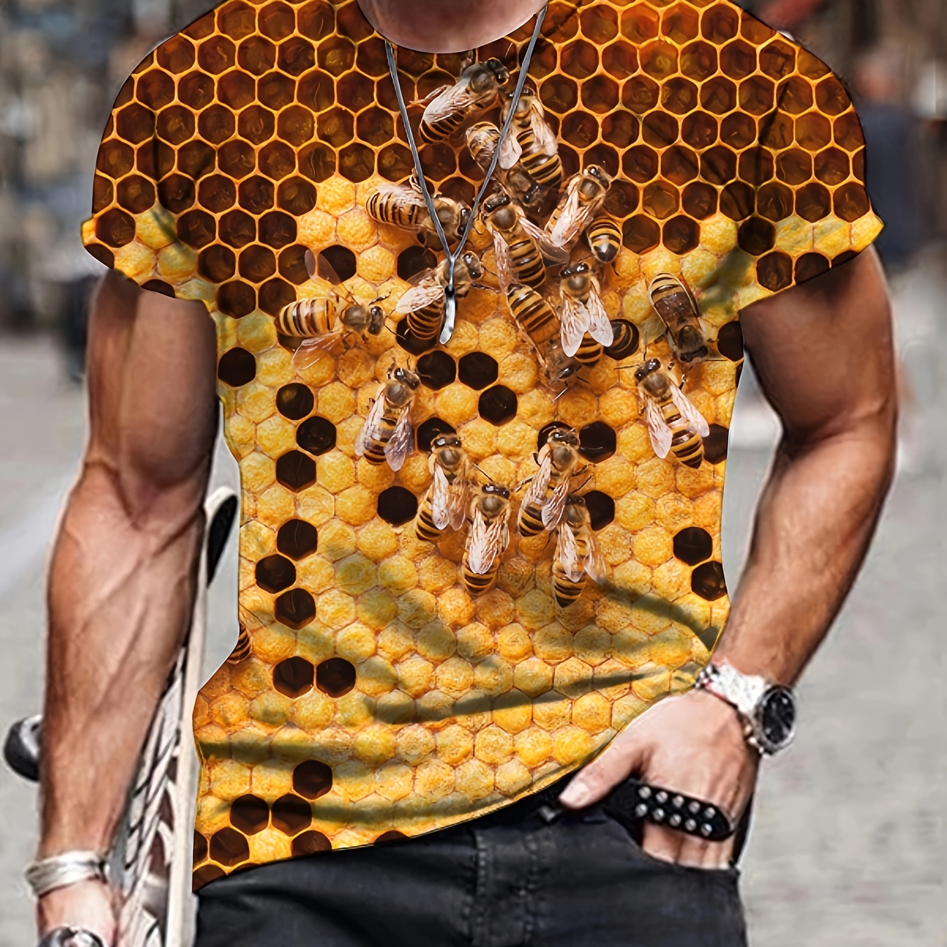 

3d Bee Print, Men's Graphic Design Crew Neck Novel T-shirt, Casual Comfy Tees Tshirts For Summer, Men's Clothing Tops For Daily Vacation Resorts