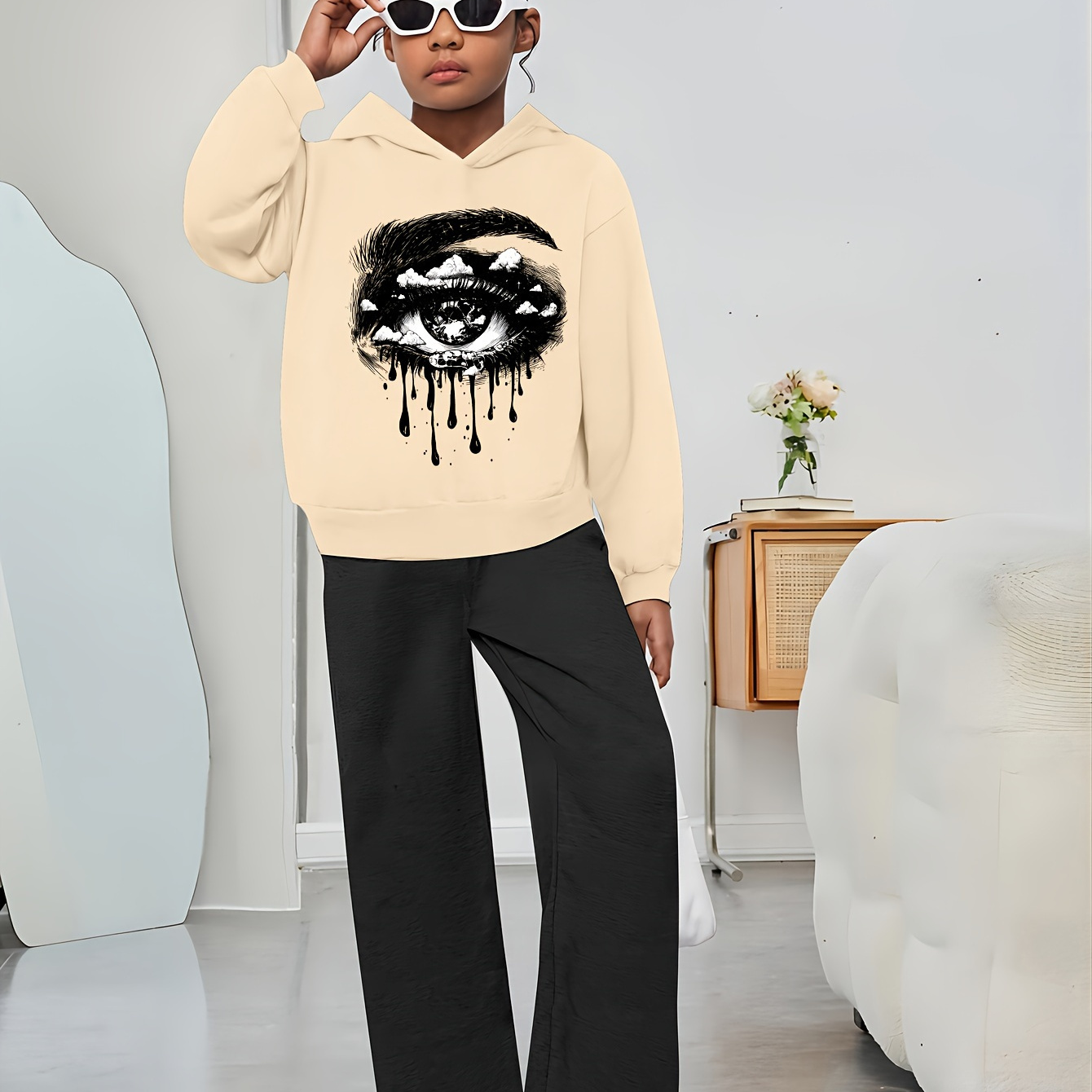 

' Casual Hoodie With Cartoon Letter Print + Wide Leg Pants Two-piece Set 262+266, Outdoor