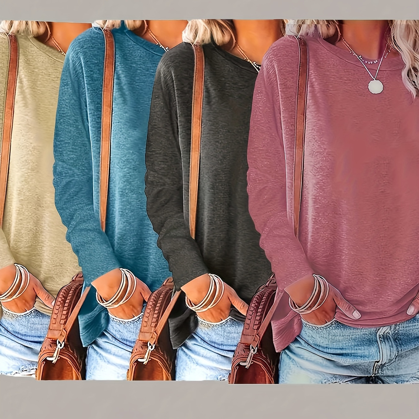 

4pcs Solid Color Round Neck Long Sleeve, Round Neck Casual Spring And Autumn, Women's Clothing