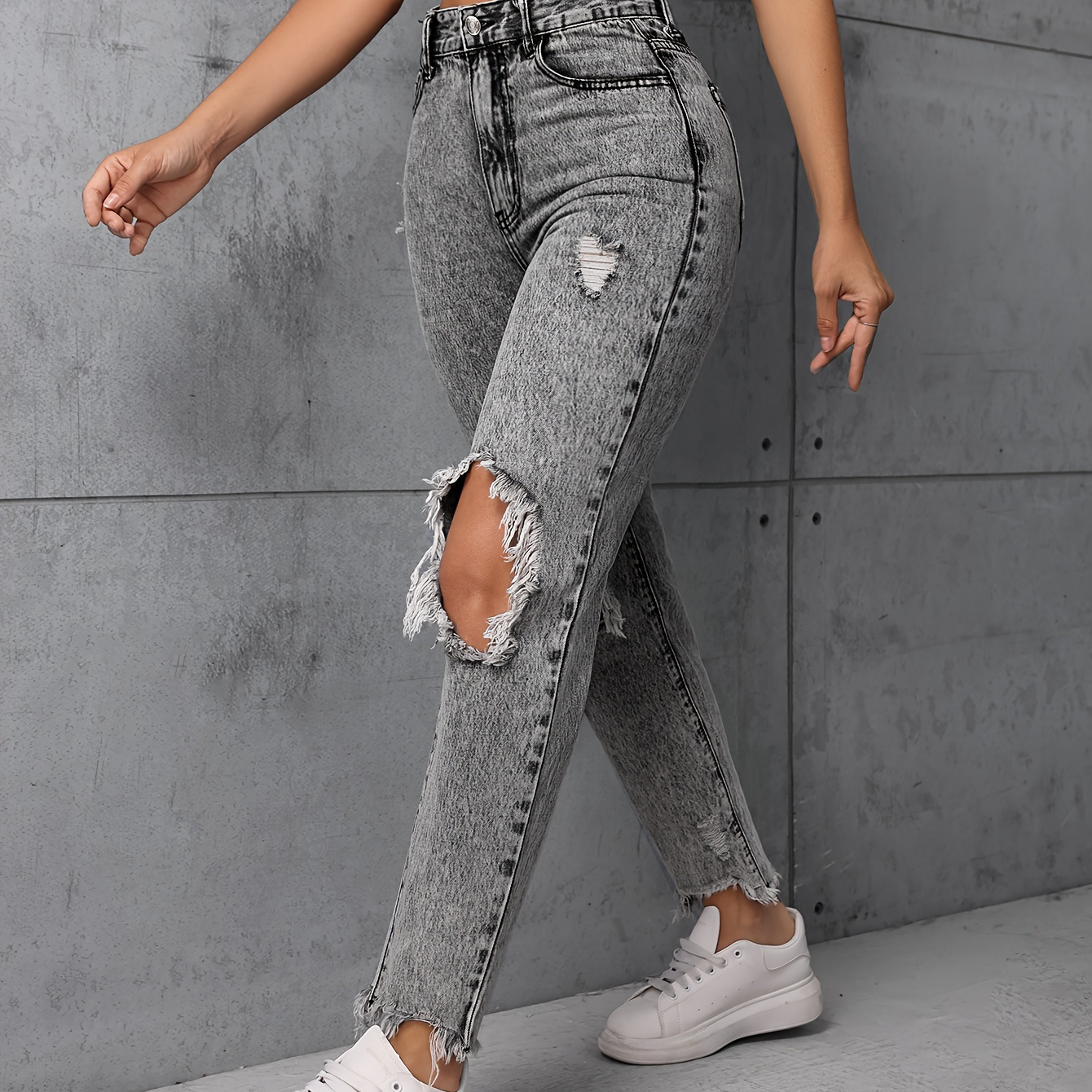 

Women's Casual Ripped Washed Grey Denim Jeans With Frayed Hem, Distressed Long Pants For Everyday Wear