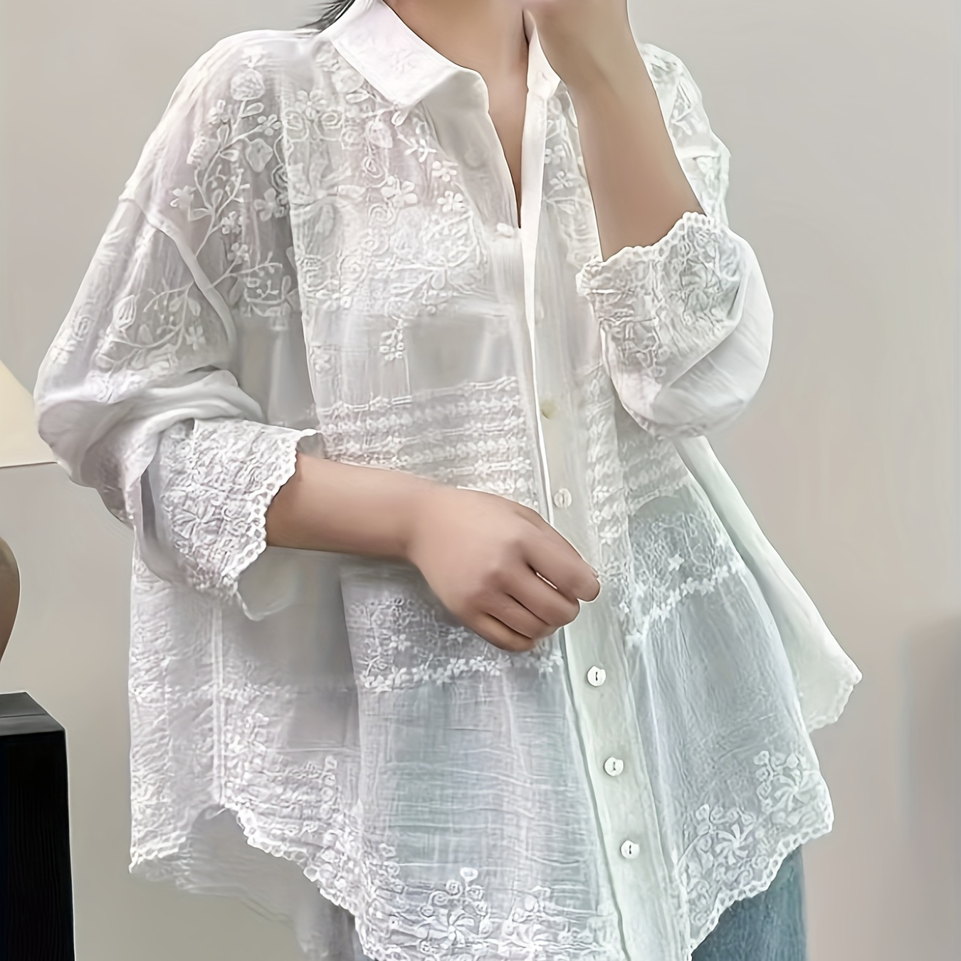 

100% Cotton Teen Girls Elegant Lace Thin Jacket Shirt With Button-front Closure, Collar V-neck Loose Cardigan Shirts For