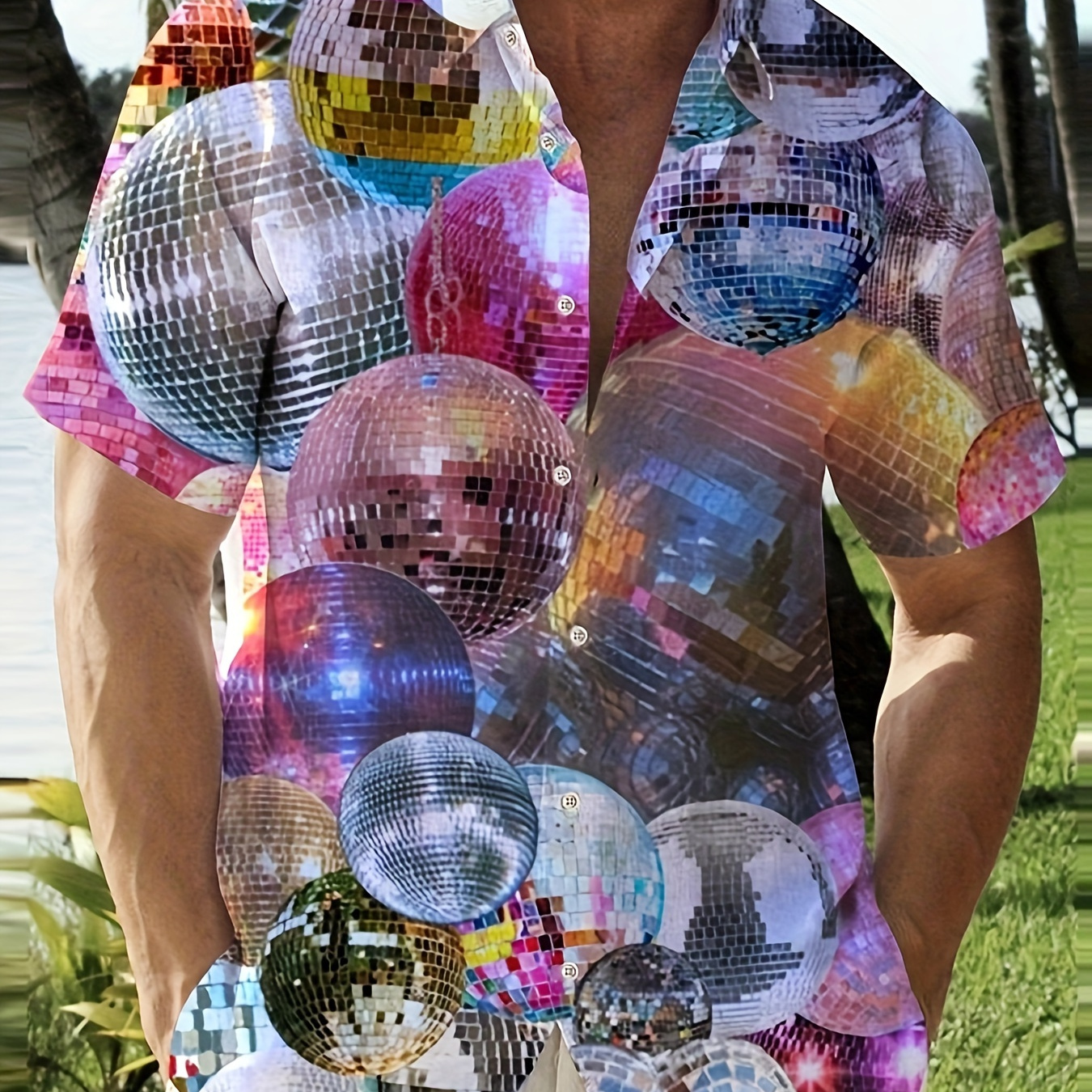 

Men's Casual Button-down Shirt With 3d Disco Ball Print – 100% Polyester, Non-stretch Woven Fabric, Geometric Pattern, Lapel Collar, Regular Fit – 2023