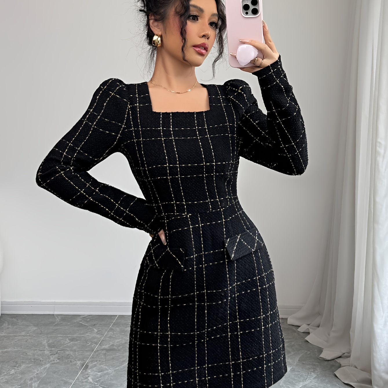 

Robe moulante à carreaux pour femmes, mélange de polyester, manches longues, , tissu tissé, pour automne/hiver