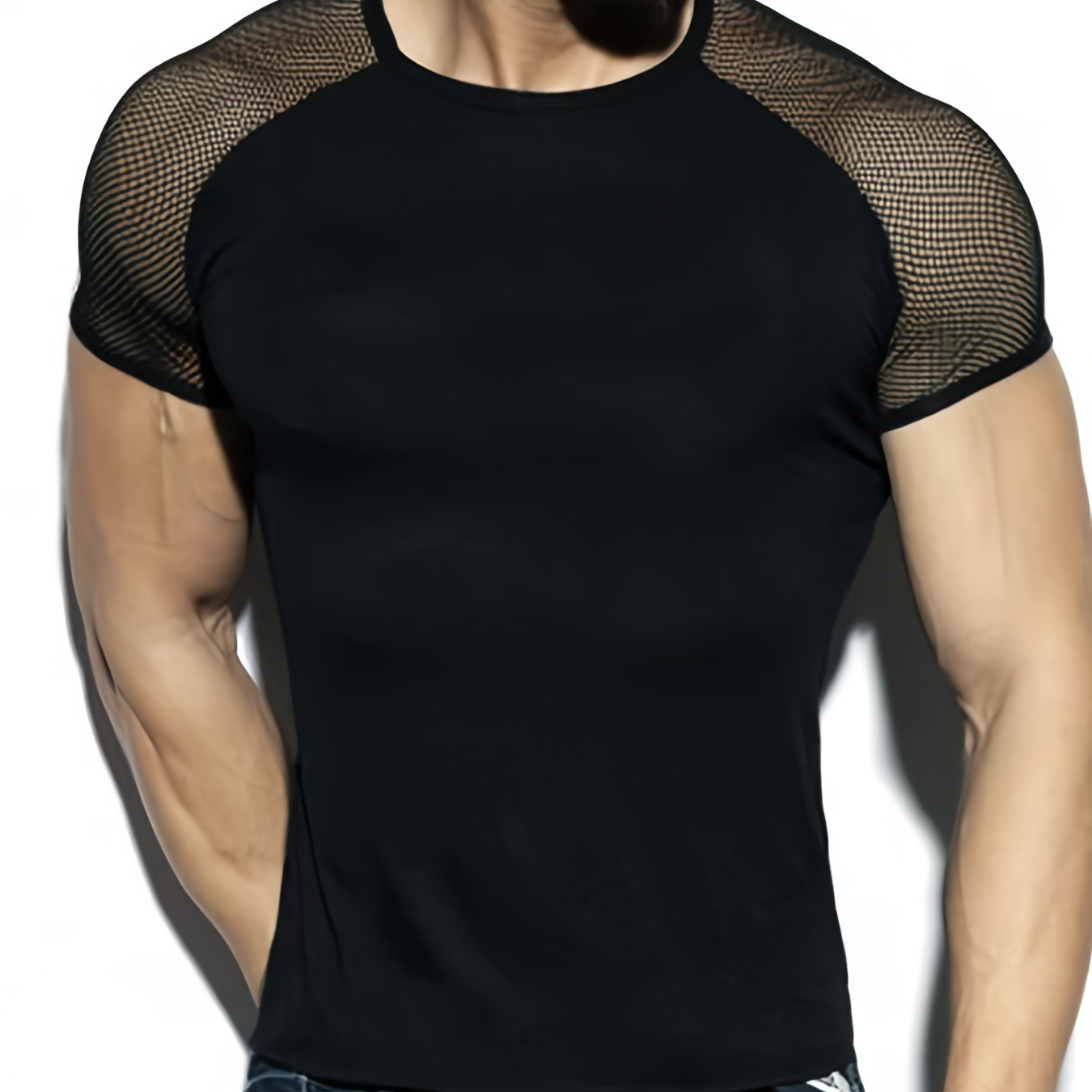 

Fashionable Design Men's Solid T-shirt With See-through Pieces, Crew Neck And Short Sleeve Tees, Stylish And Trendy Tops For Summer Party And Nightclub Wear