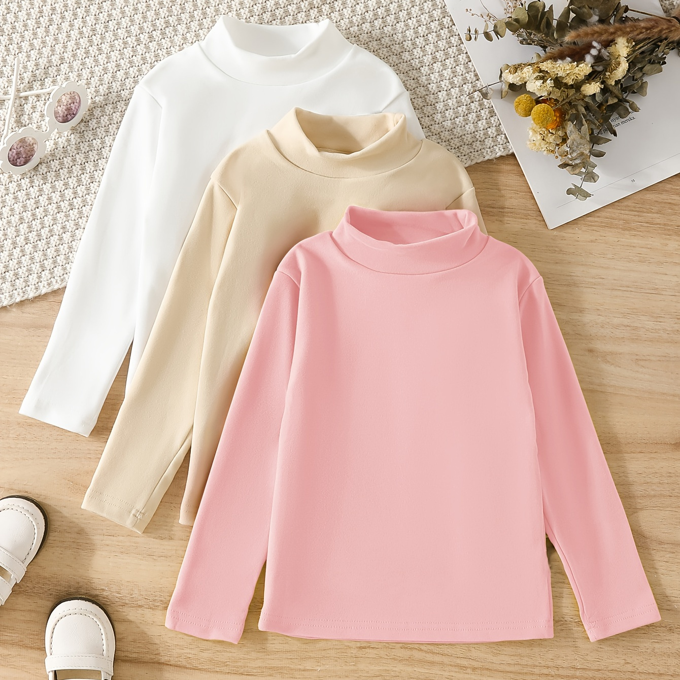 

3pcs Girls Thermal Fleece Basic Pullovers Mock Neck Long Sleeve Undershirts For Fall/ Winter