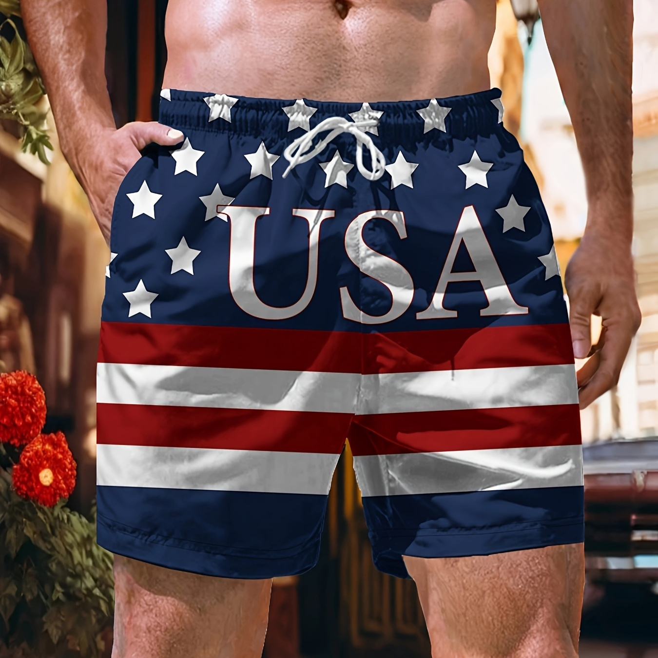 

Men's 'usa' Print Flag Pattern Shorts With Drawstrings, Casual Trendy Shorts For Summer Outdoors