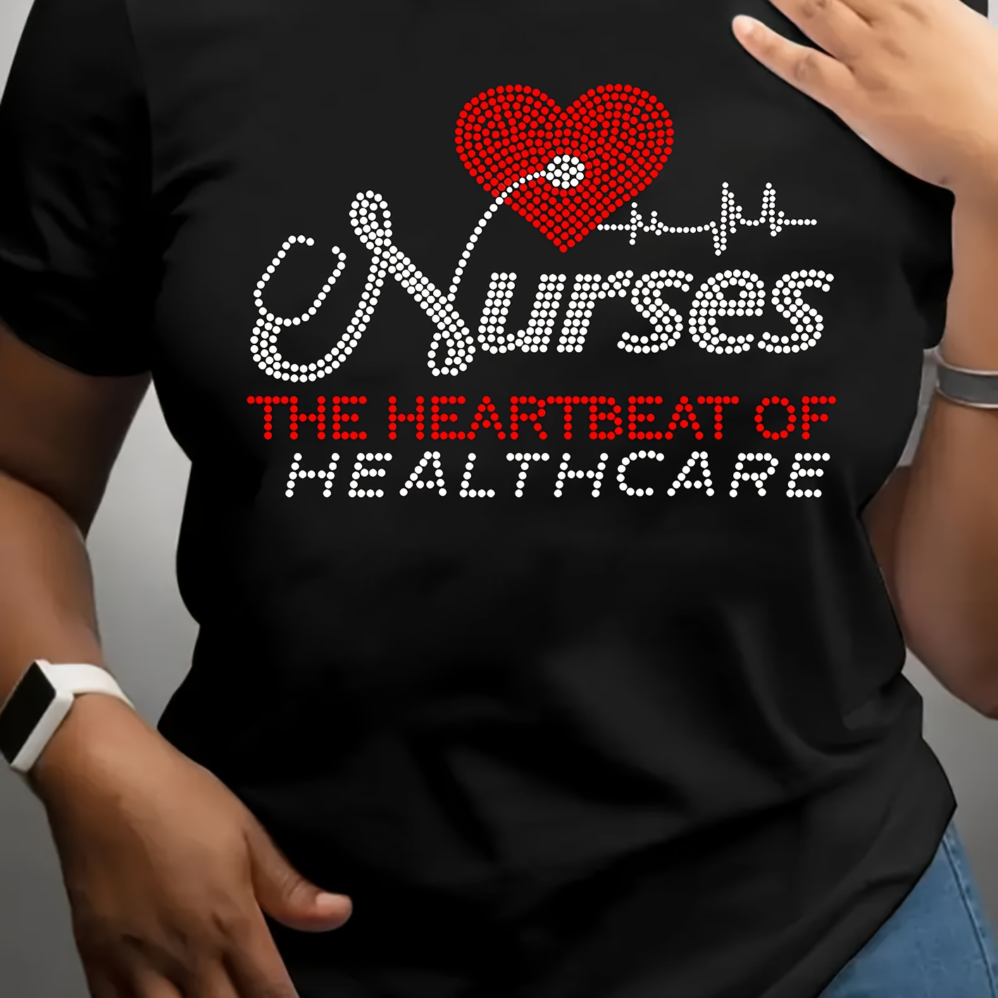 

Women's Casual Short Sleeve Round Neck T-shirt With "nurses - The Heartbeat Of Healthcare" Print, Casual Style, Comfort Fit Top
