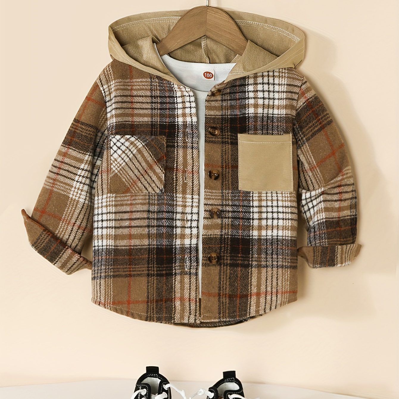 Boy's Hooded Plaid Long Sleeve Button Up Shirt With Pockets