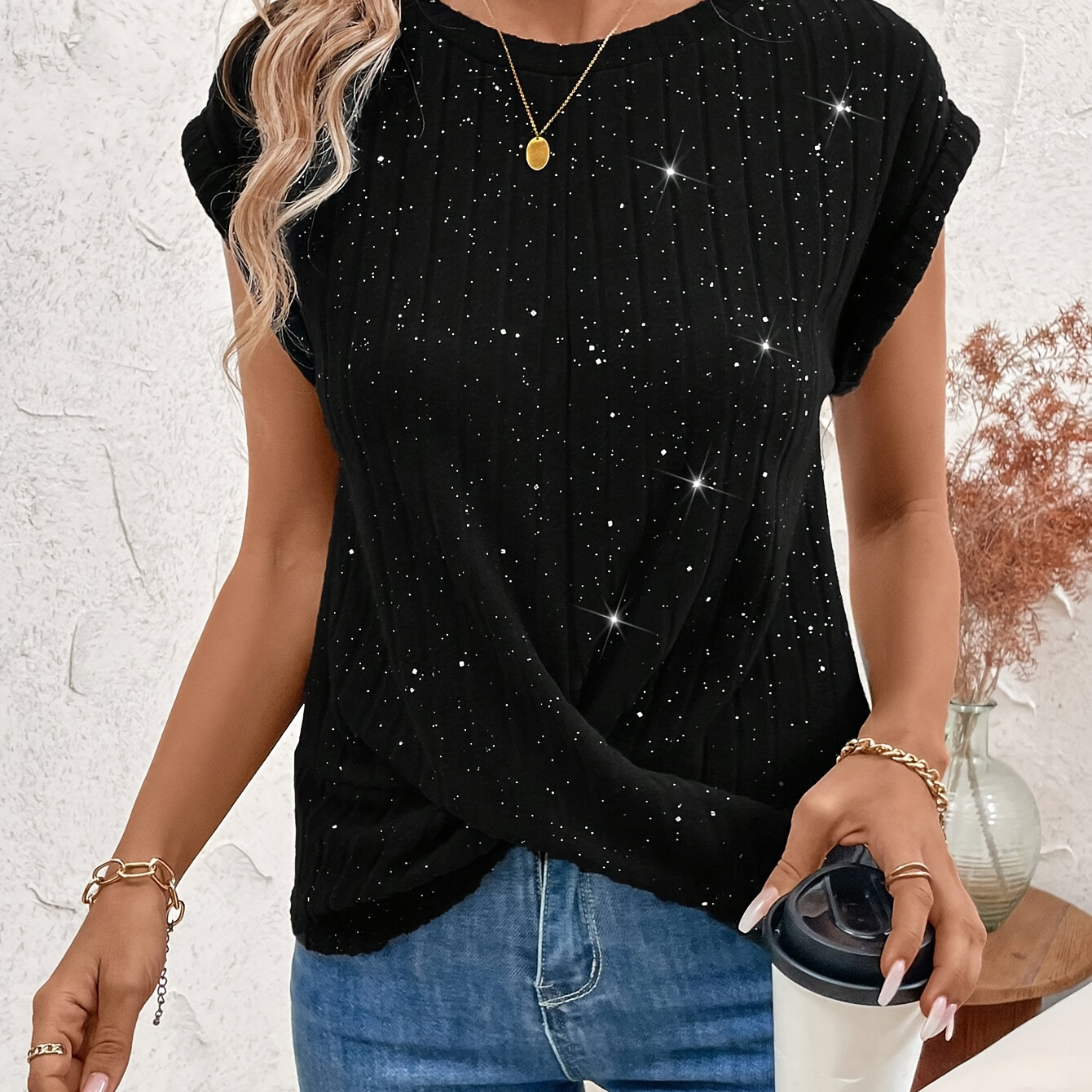 

Batwing Sleeve Glitter Tee For Summer Fall Women Outfits