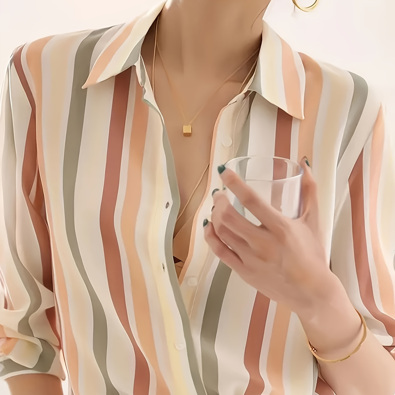 

Stripe Print Button Front Shirt, Elegant Long Sleeve Blouse For Spring & Fall, Women's Clothing