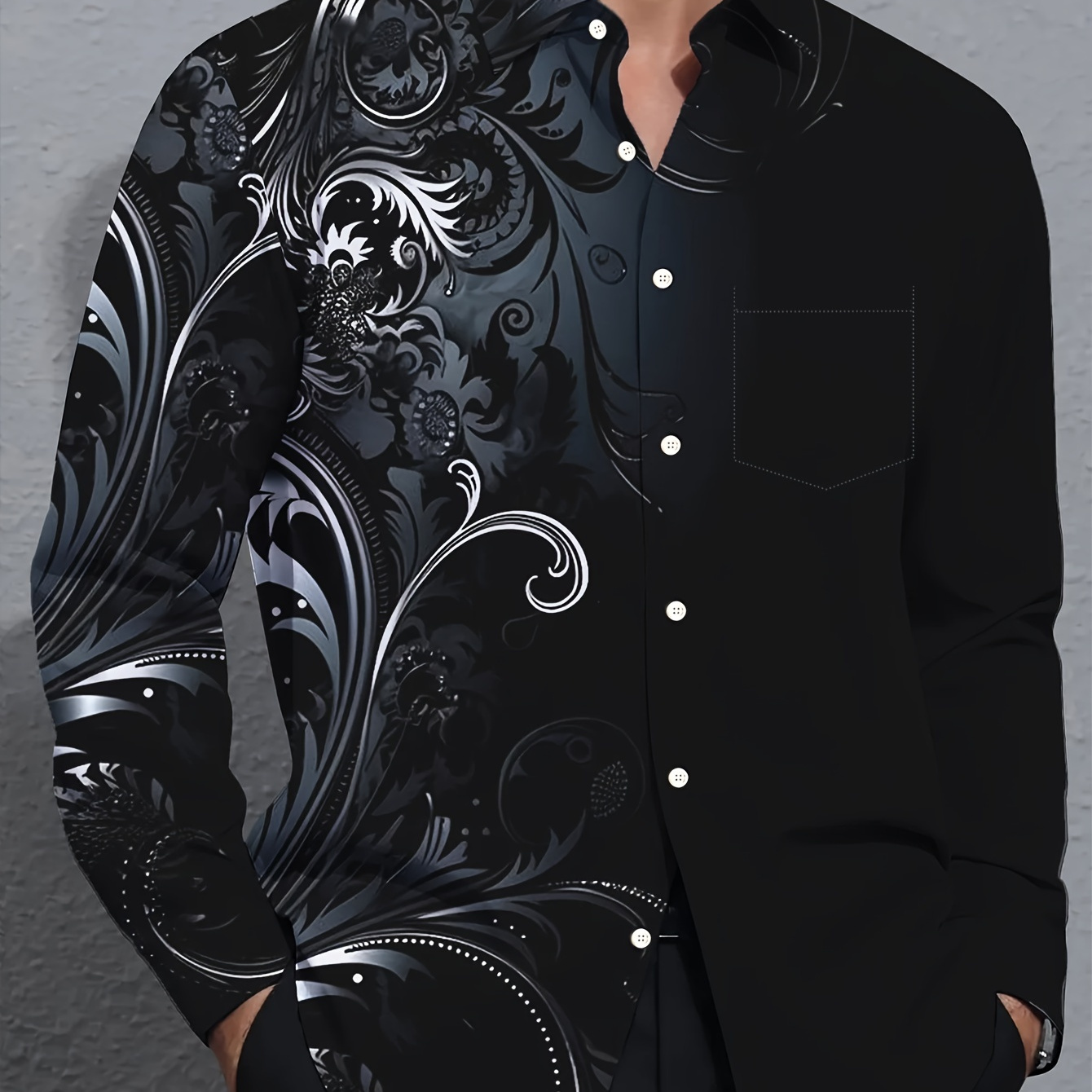 

Men's Traditional Floral Patterns Gradient Print Long Sleeve Shirt For Spring And Fall, Casual Comfy Shirt As Gift