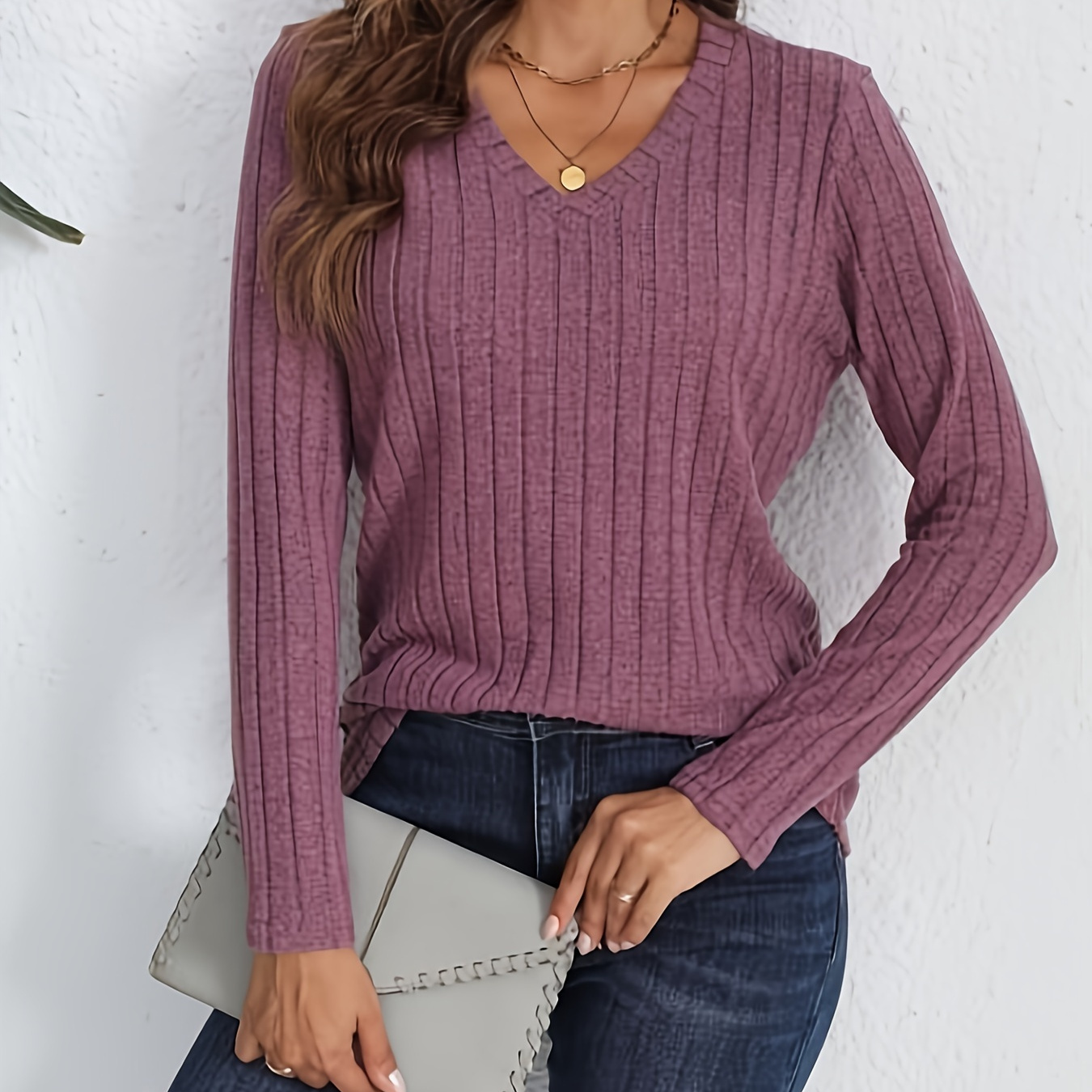 

Women's Elegant V-neck Sweater - Polyester 95% Spandex 5% Stretch Knit Pullover, Long Sleeve Solid Color Sweatshirt For Fall/winter Casual Wear