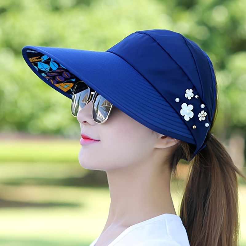 

Wide Brim Visors Faux Pearl Flower Decor Solid Color Visor Hat Elegant Breathable Outdoor Sunscreen Beach Cap ( Random Color Faux Pearl )