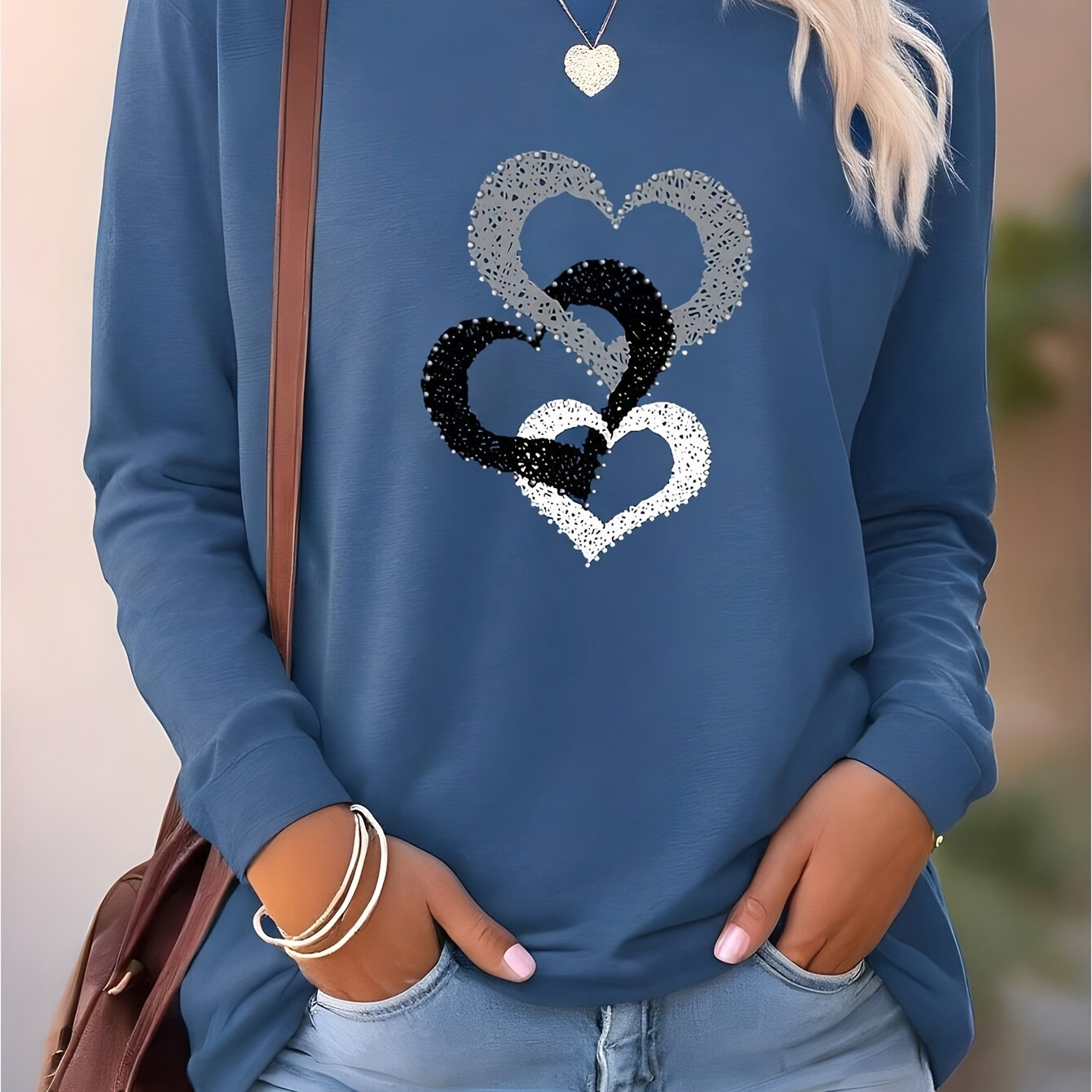 

Elegant Heart Print Long Sleeve Round Neck T-shirt, Polyester And Elastane , Machine Washable