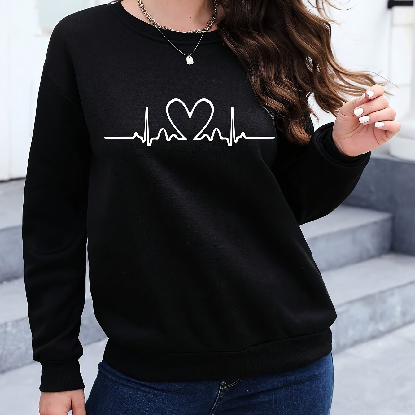 

Women's Casual Heartbeat Print Round Neck Long Sleeve Pullover Sweatshirt, Plush Lined