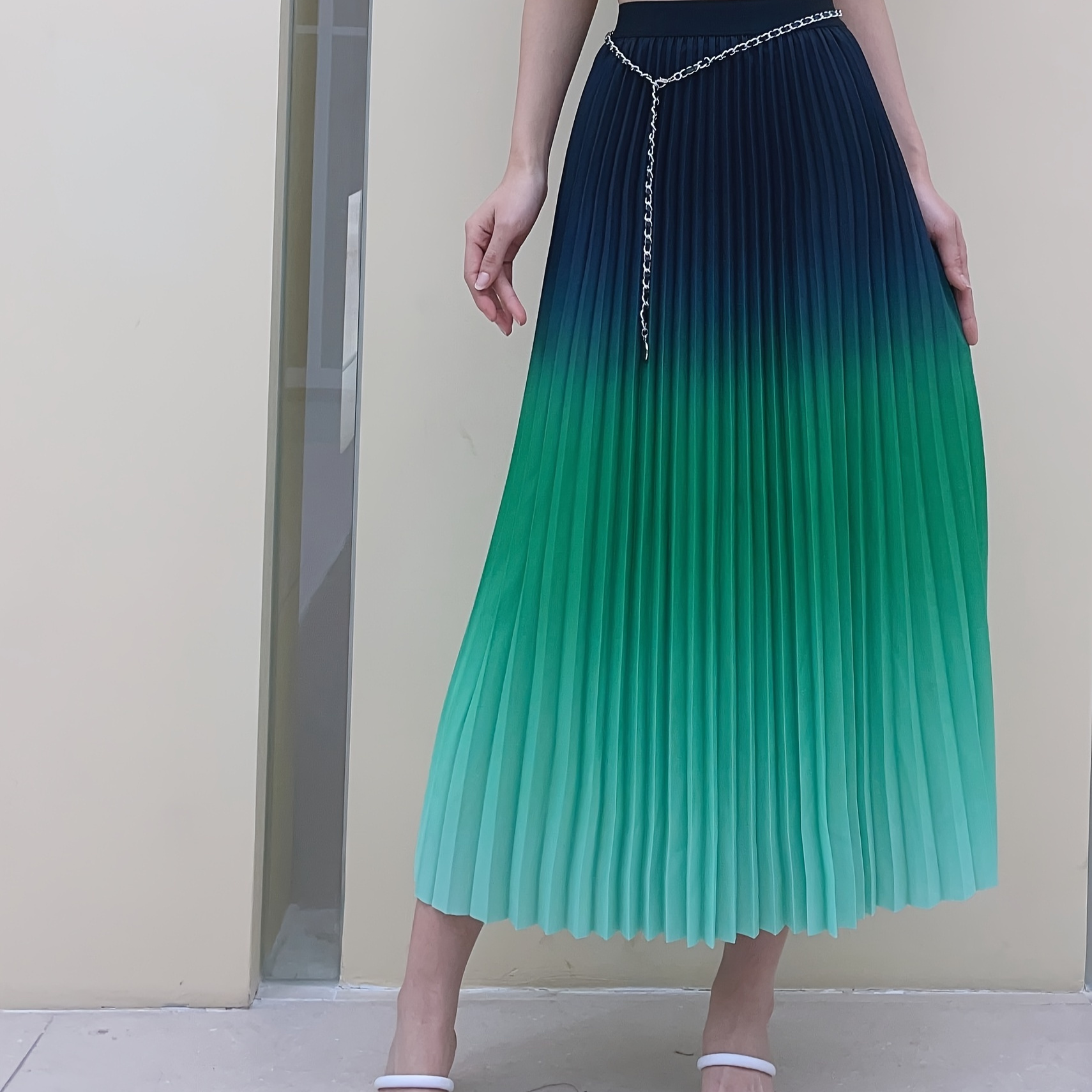 

Ombre High Waist Pleated Skirt, Casual Midi A-line Skirt For Spring & Summer, Women's Clothing