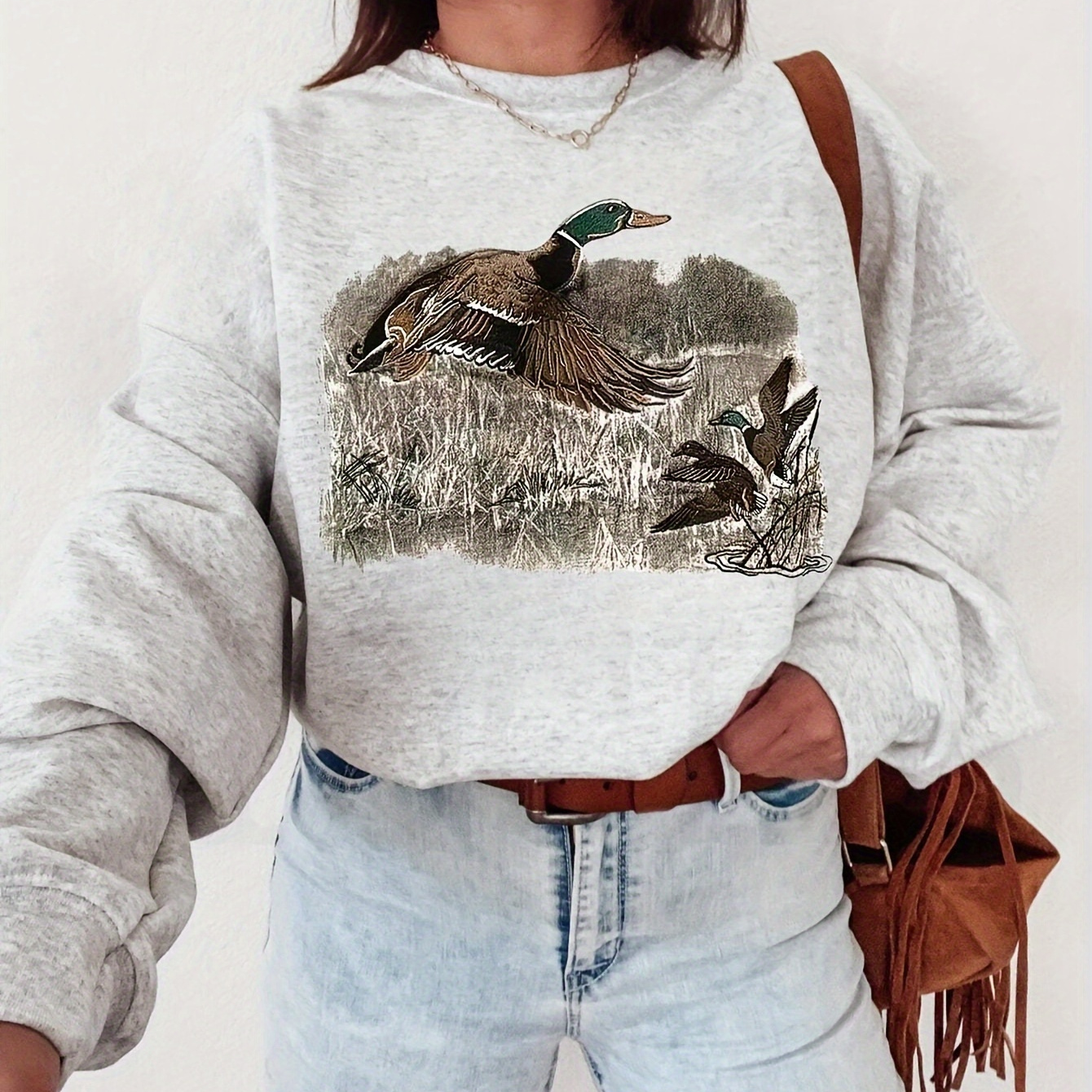 

Women' Crew Neck Sweatshirt, Polyester Knit Fabric, Animal Pattern, Fit Pullover With Duck Graphic