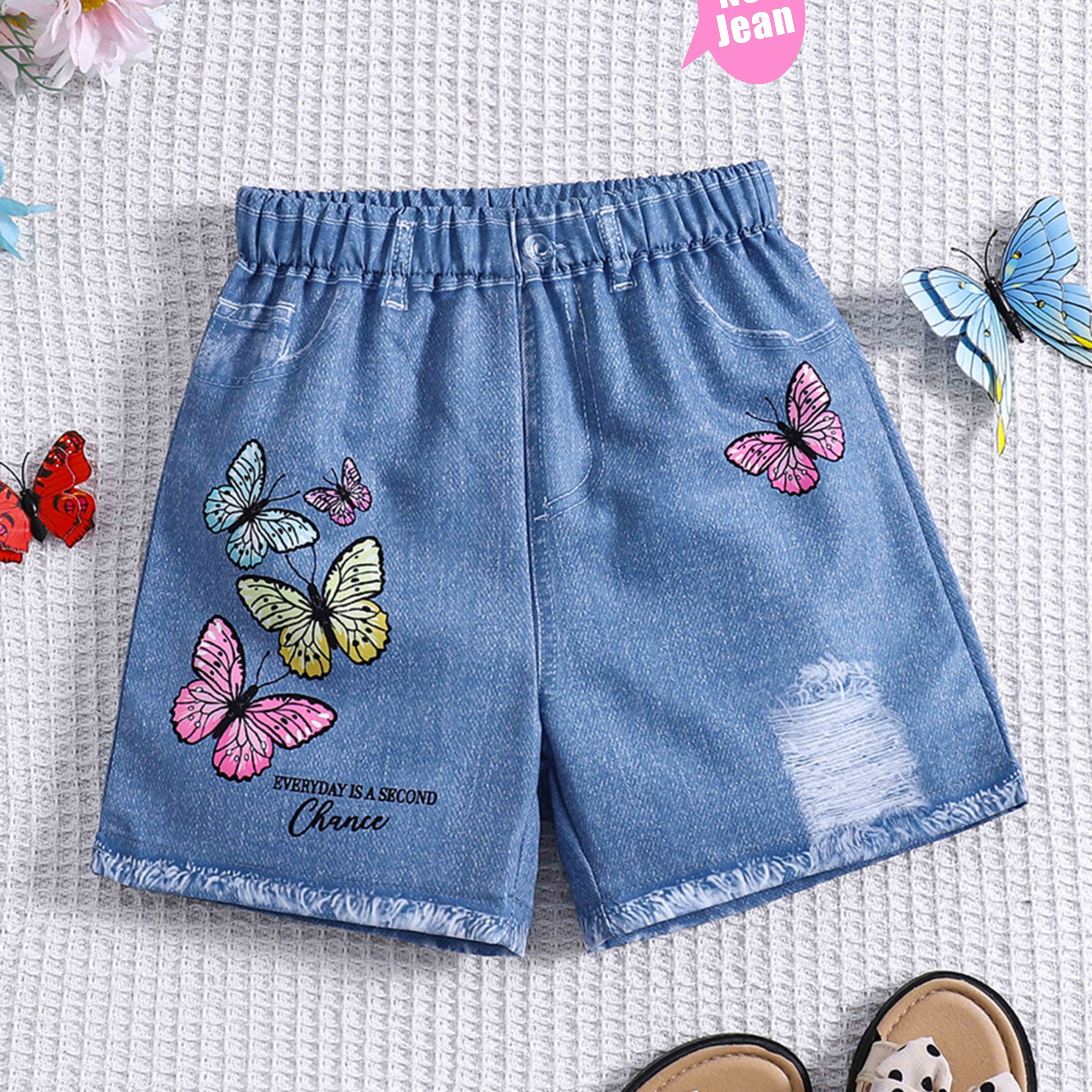 

Girls Casual Butterfly Graphic Imitation Denim Print Shorts For Summer Outdoor Gift