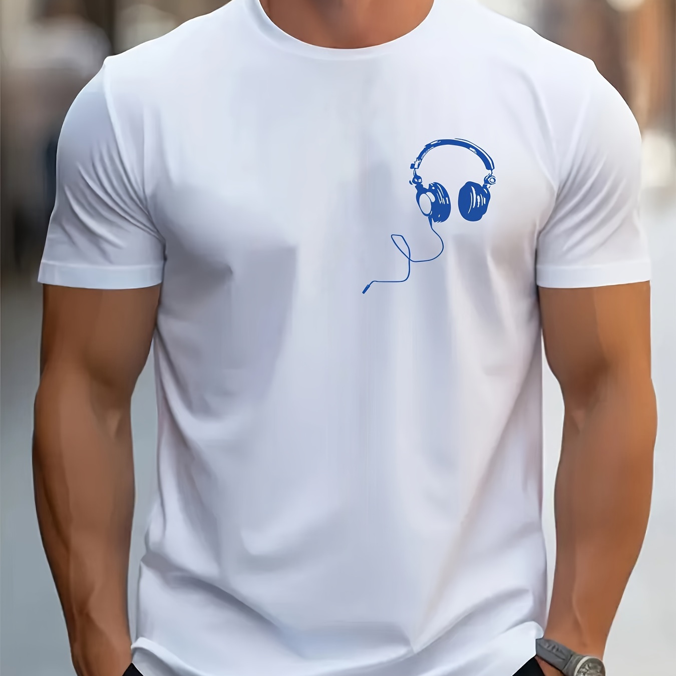 

Trendy Headphones Pattern Print Men's Comfy Sports T-shirt, Graphic Tee Men's Summer Outdoor Clothes, Men's Fitness Clothing, Tops For Men, Gift For Men