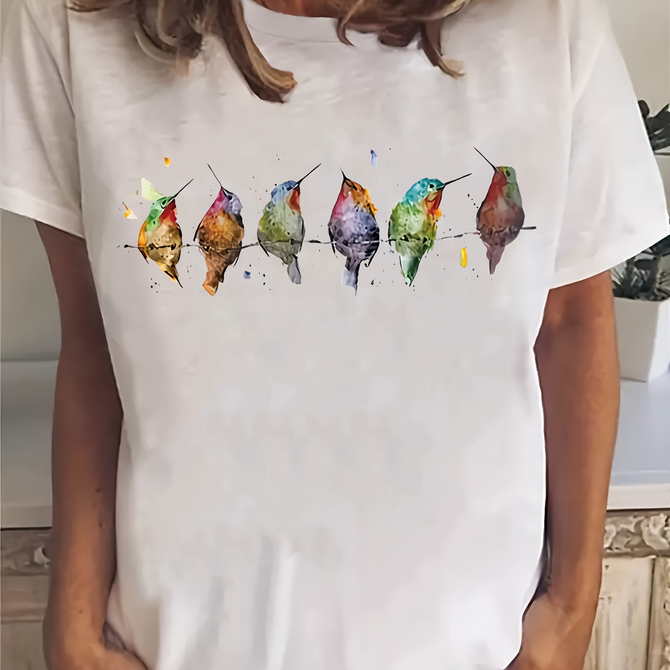 

Birds Print Crew Neck T-shirt, Short Sleeve Casual Top For Summer & Spring, Women's Clothing