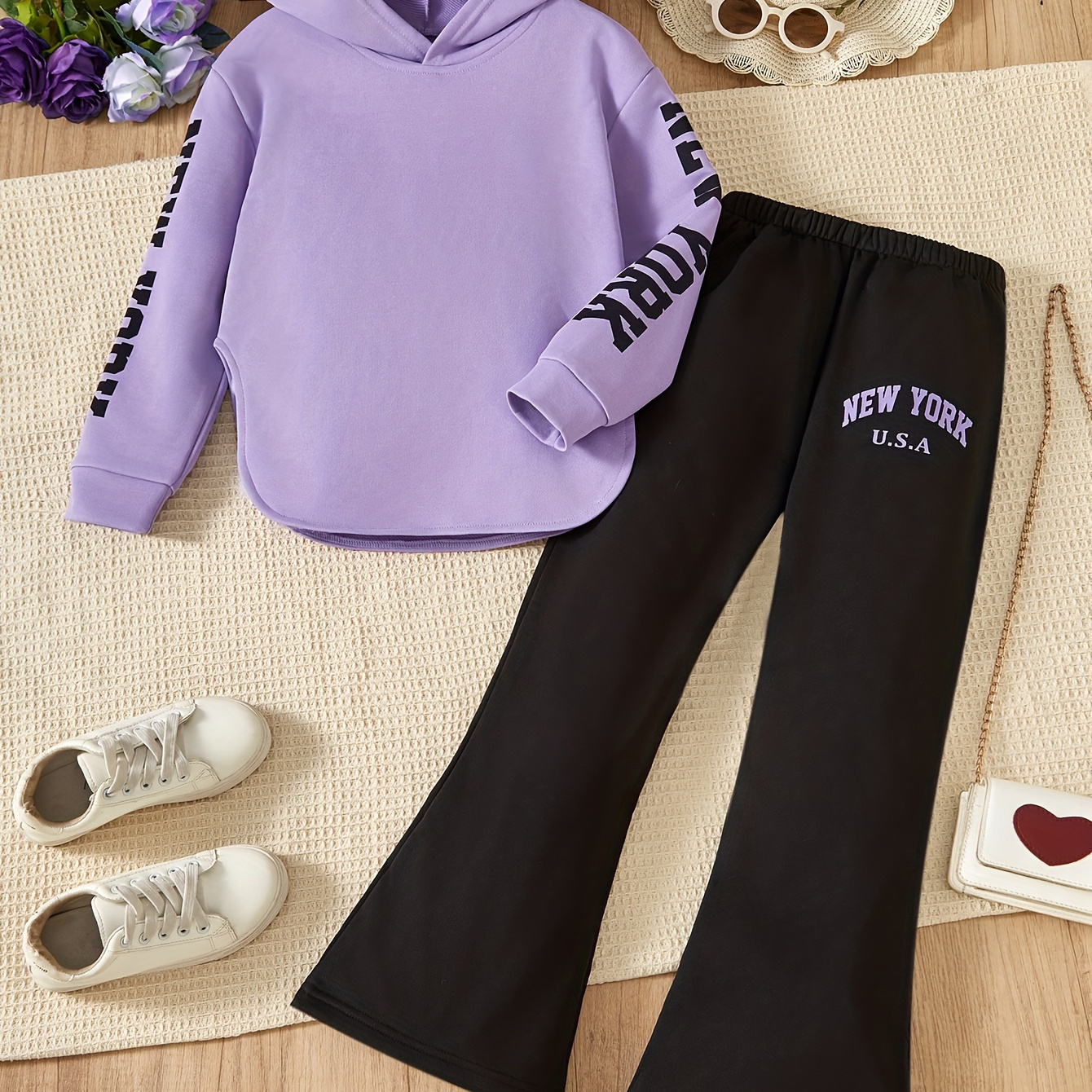 

1 Set ' Hem Long Sleeve Sweatshirt + Leg Pants Set, Sweet Outfit For / Fall Outdoors