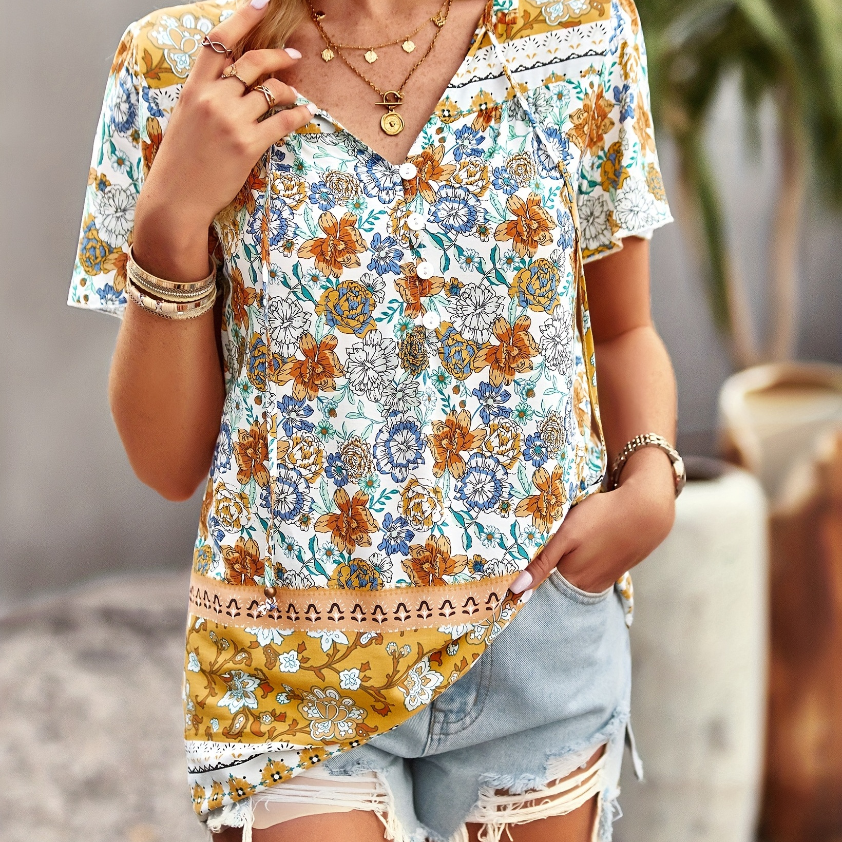 Solid Stitching Floral Print Short Sleeve Top, Casual Everyday T-shirt ...