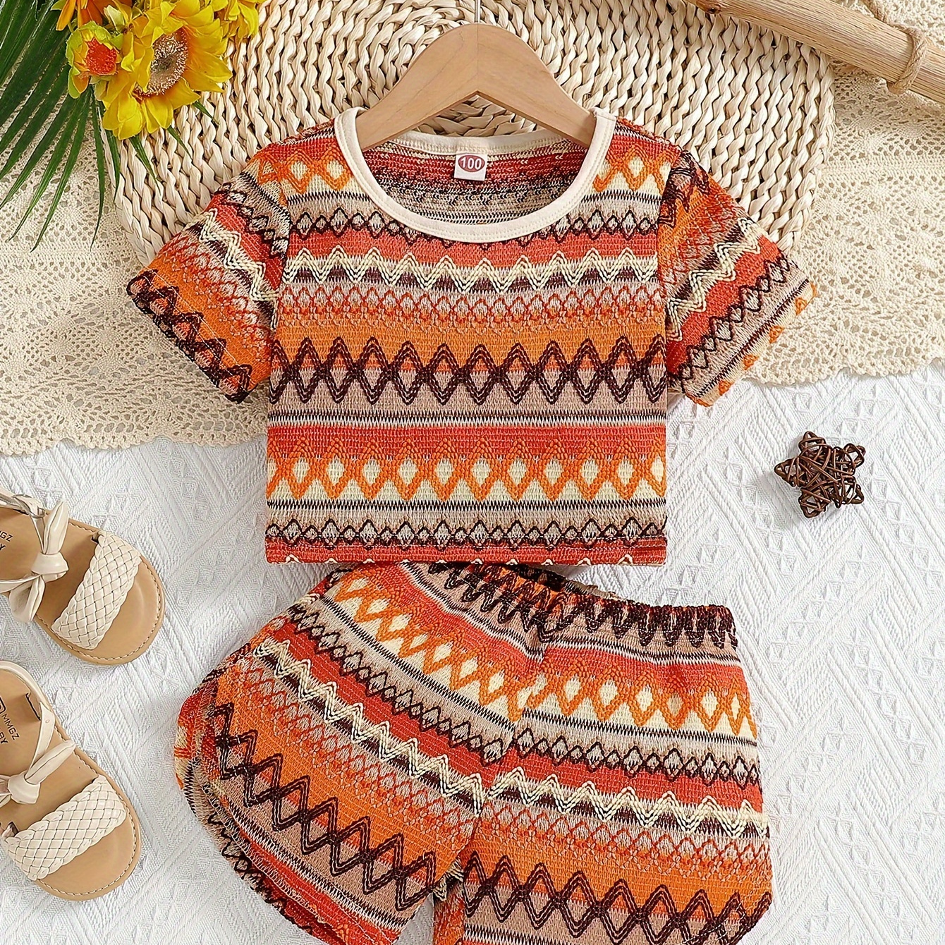 

2pcs Girls Retro Ethnic Style Lightweight Hollow-out Tee & Shorts Holiday Fashion Suit