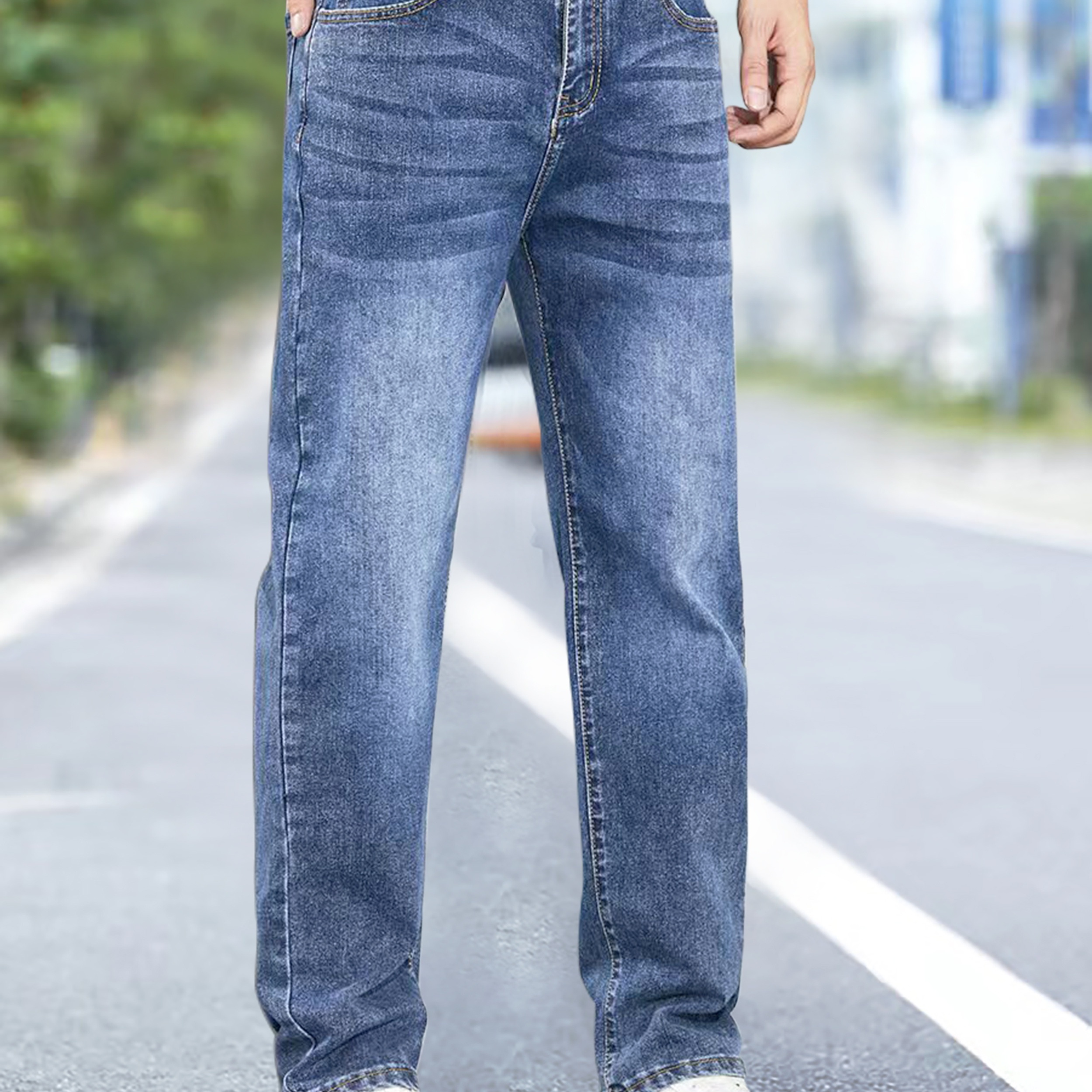 Loose Fit Straight Leg Jeans, Men's Casual Street Style High Stretch Jeans For Fall Winter