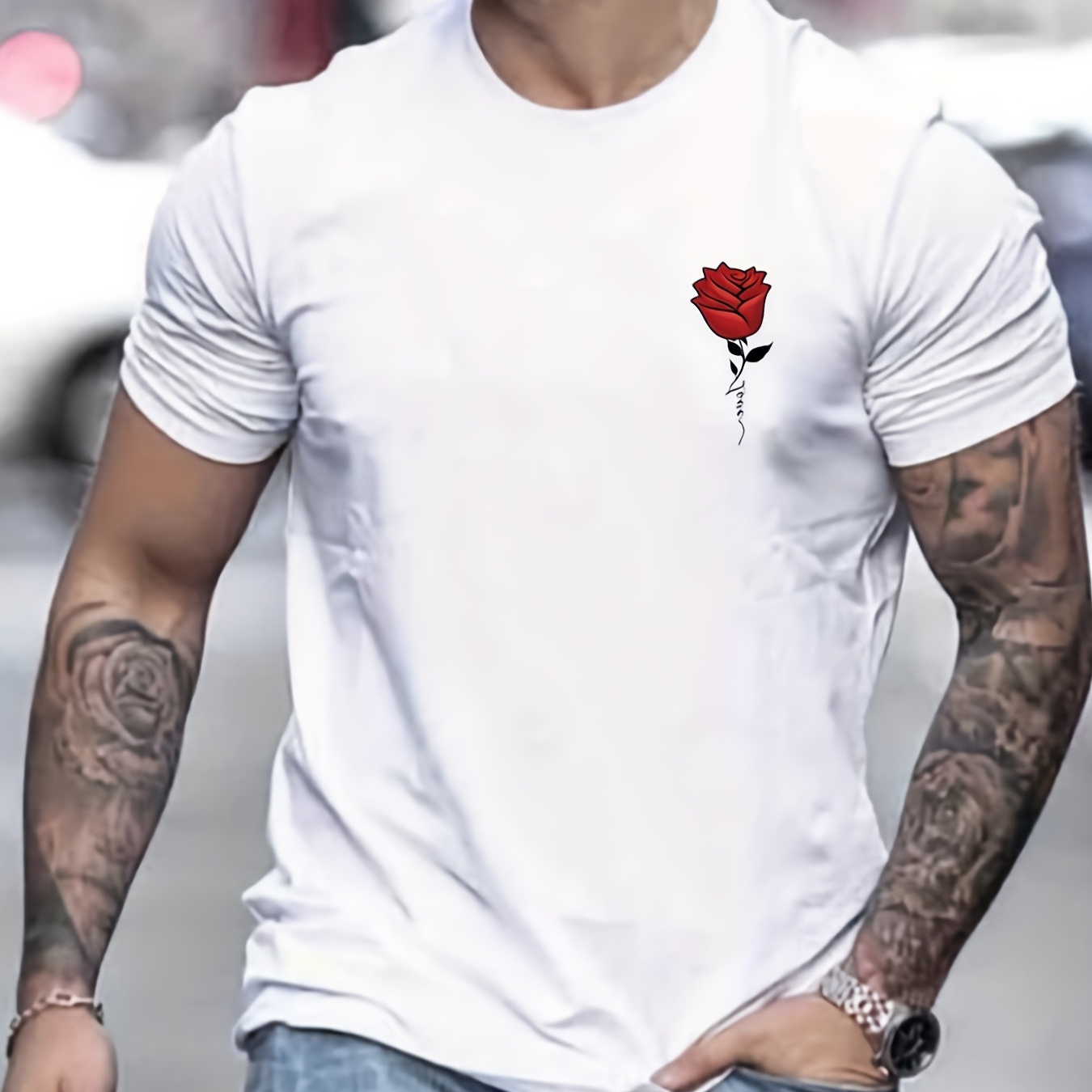 

Rose Print Men's Casual Short Sleeve Crew Neck T-shirt, Summer Outdoor