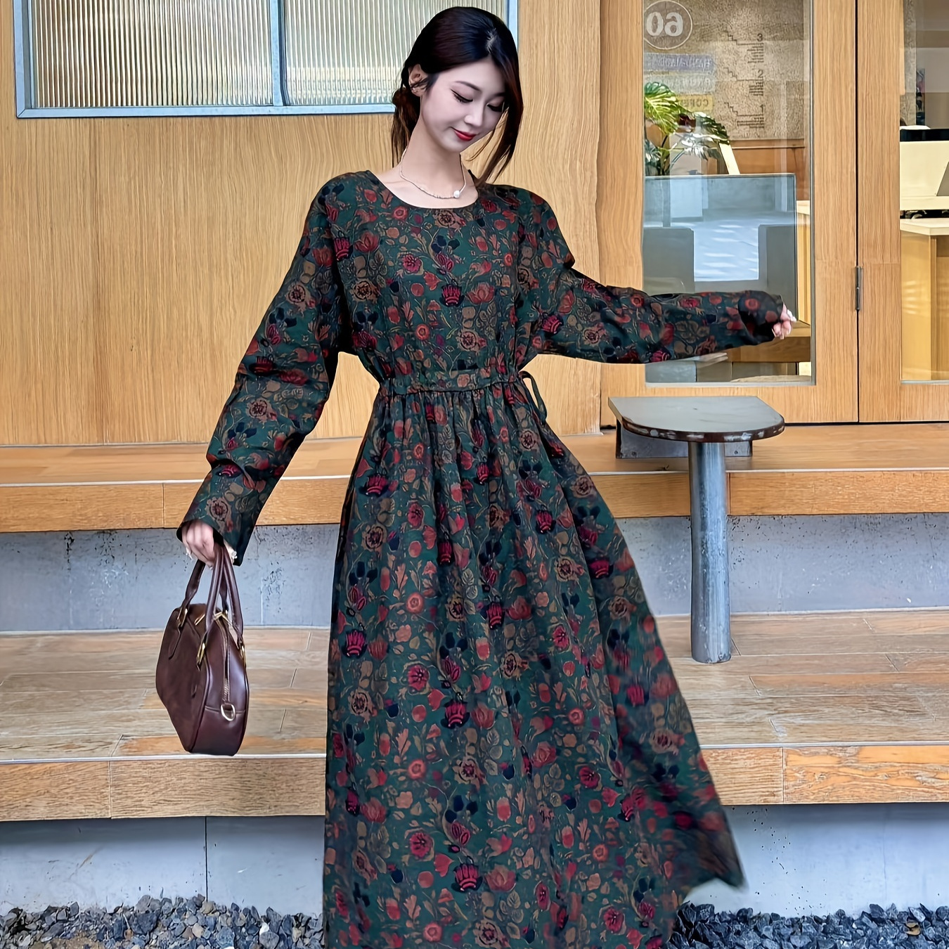 

New Autumn Loose Round Neck Long Skirt With Literary Linen Print For Women, Slimming And Waist-cinching Style