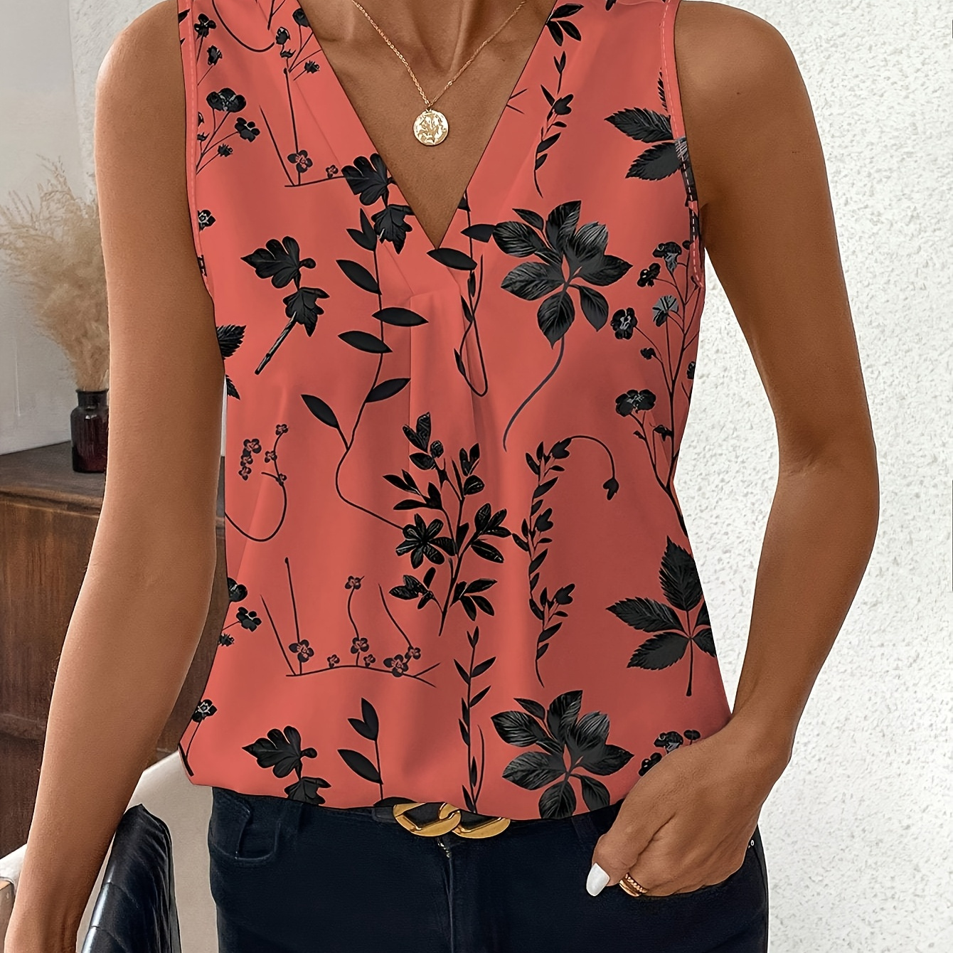 

Elegant Floral Print Sleeveless V-neck Polyester Vest For Women - Woven No Padding Top For Spring/summer/fall