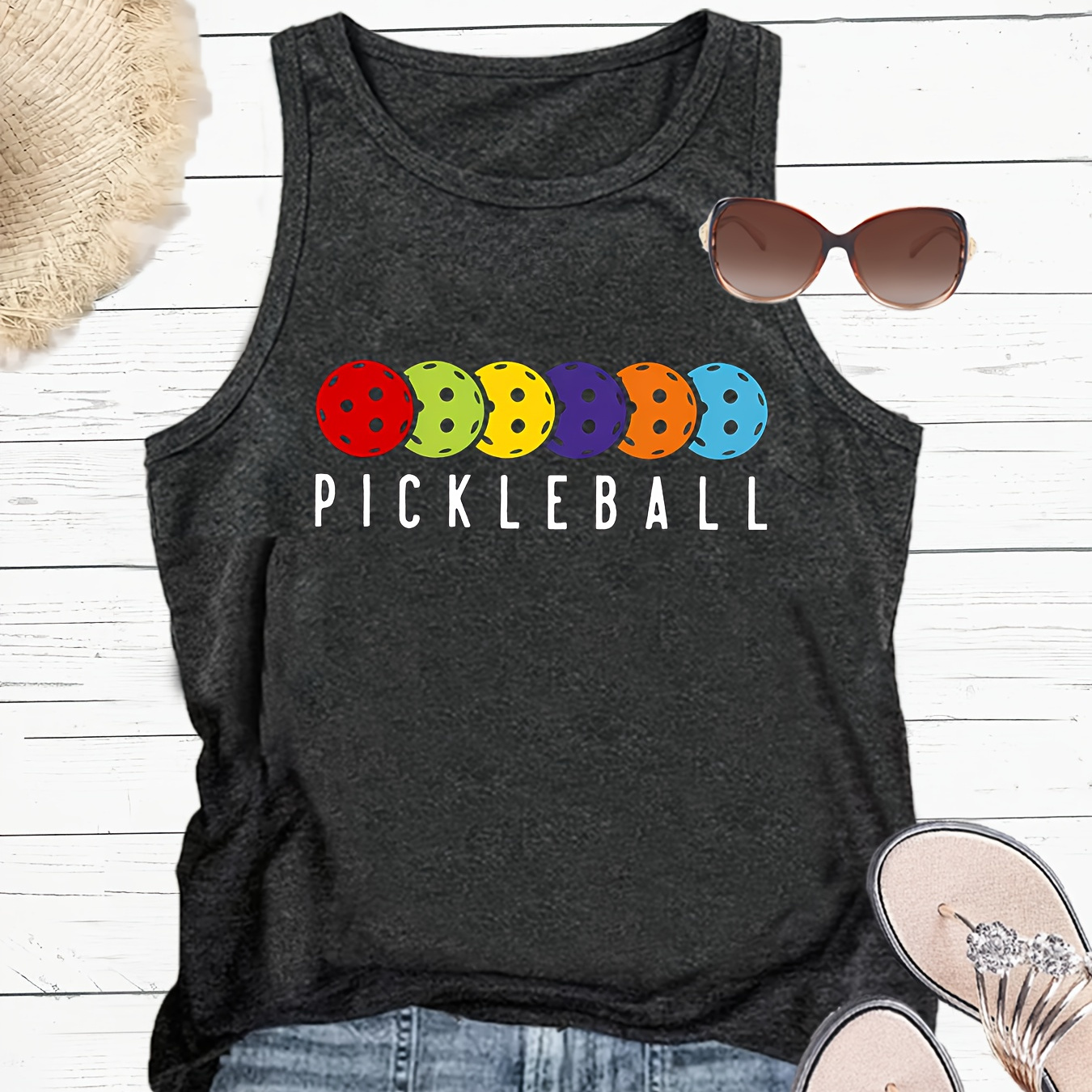 

Pickle Ball Print Crew Neck Tank Top, Casual Sleeveless Top For Summer & Spring, Women's Clothing