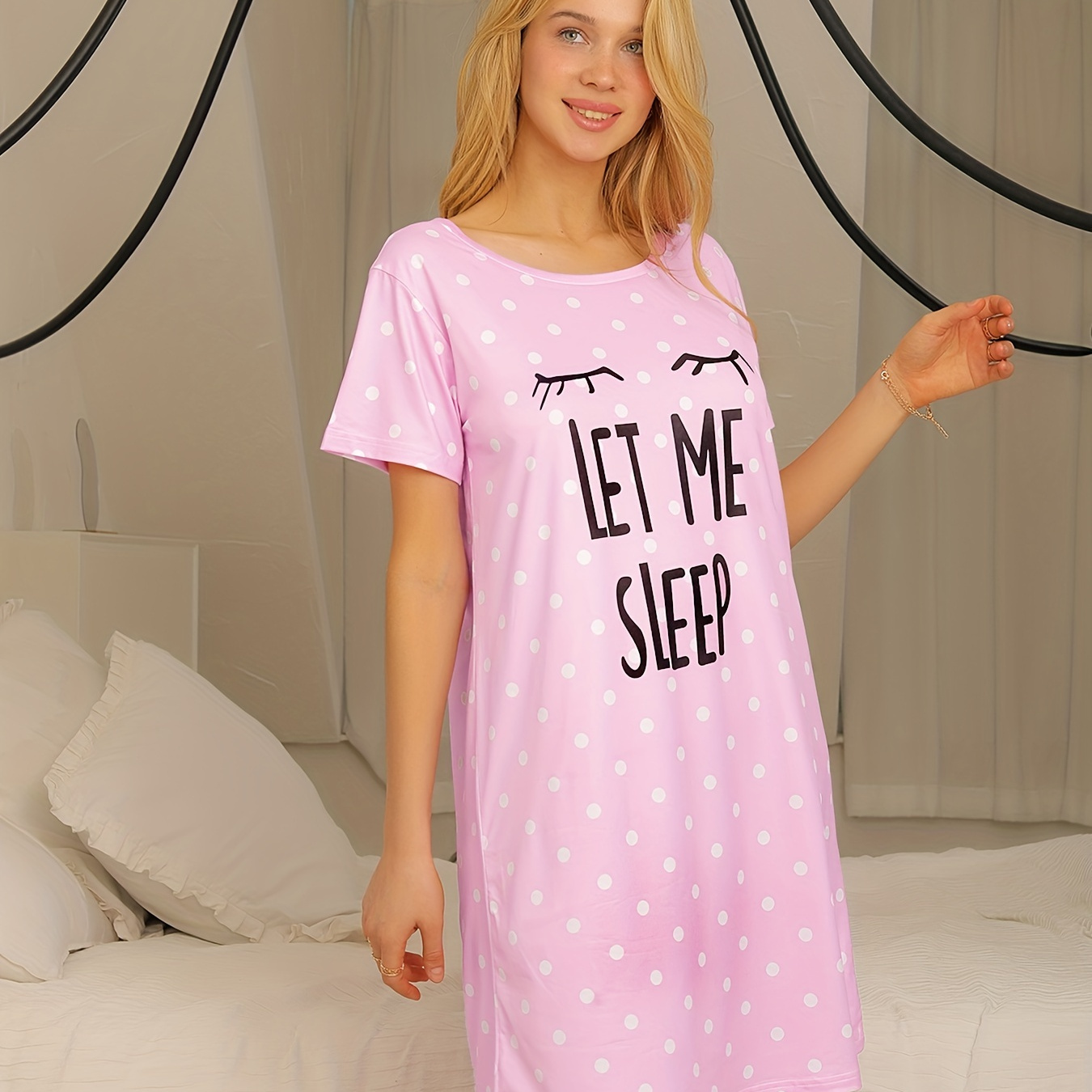 

Letter Print Polka Dot Nightdress, Short Sleeve Crew Neck Pajama Dress, Women's Sleepwear & Dresses